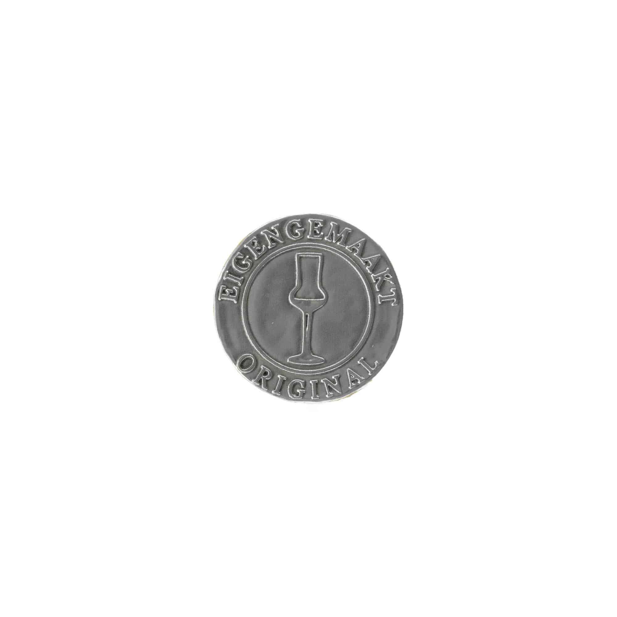 Kalajna etiketa 'Eigengemaakt', okrugla, metalna, srebrna Kalajna etiketa 'Eigengemaakt', okrugla, metalna, srebrna