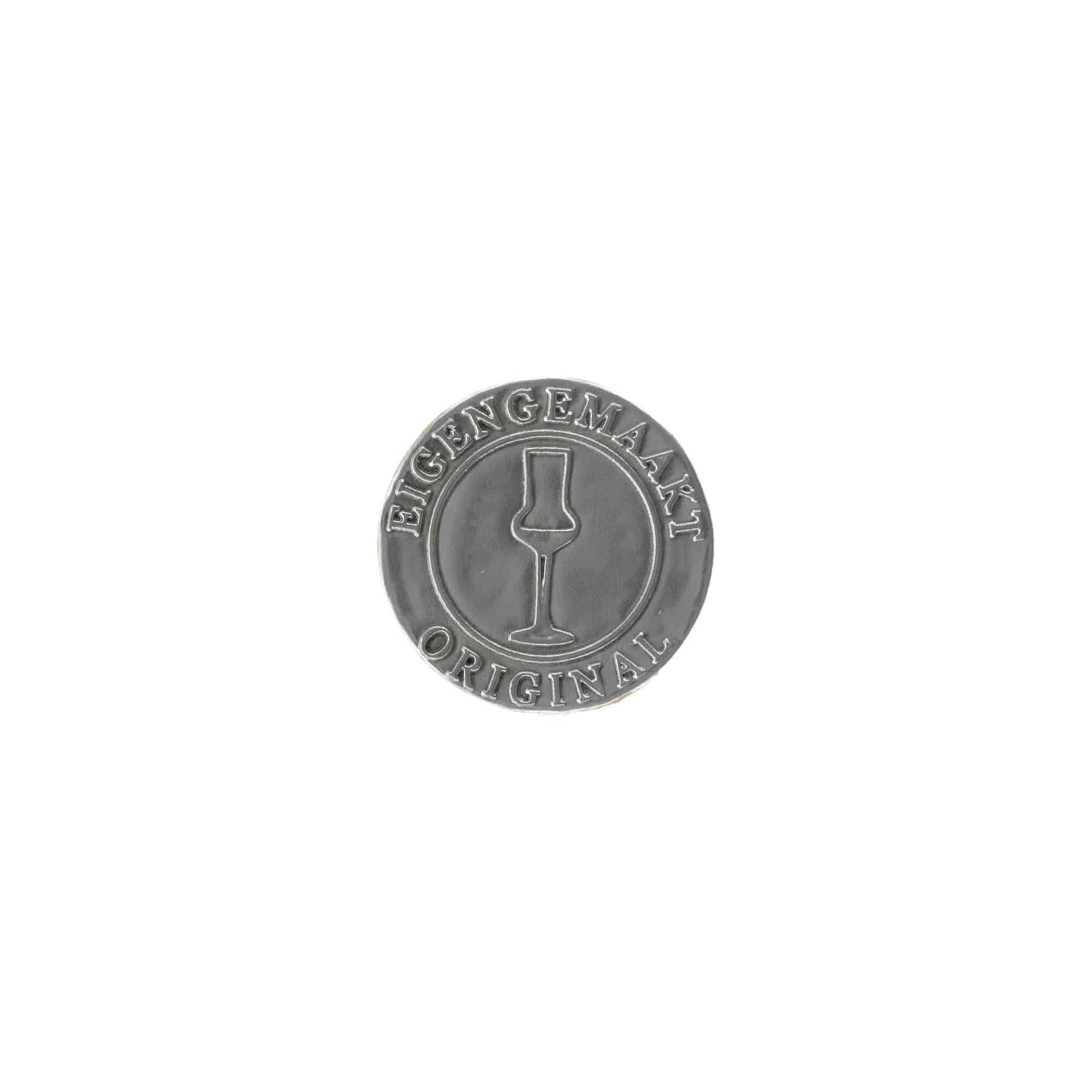 Kalajna etiketa 'Eigengemaakt', okrugla, metalna, srebrna