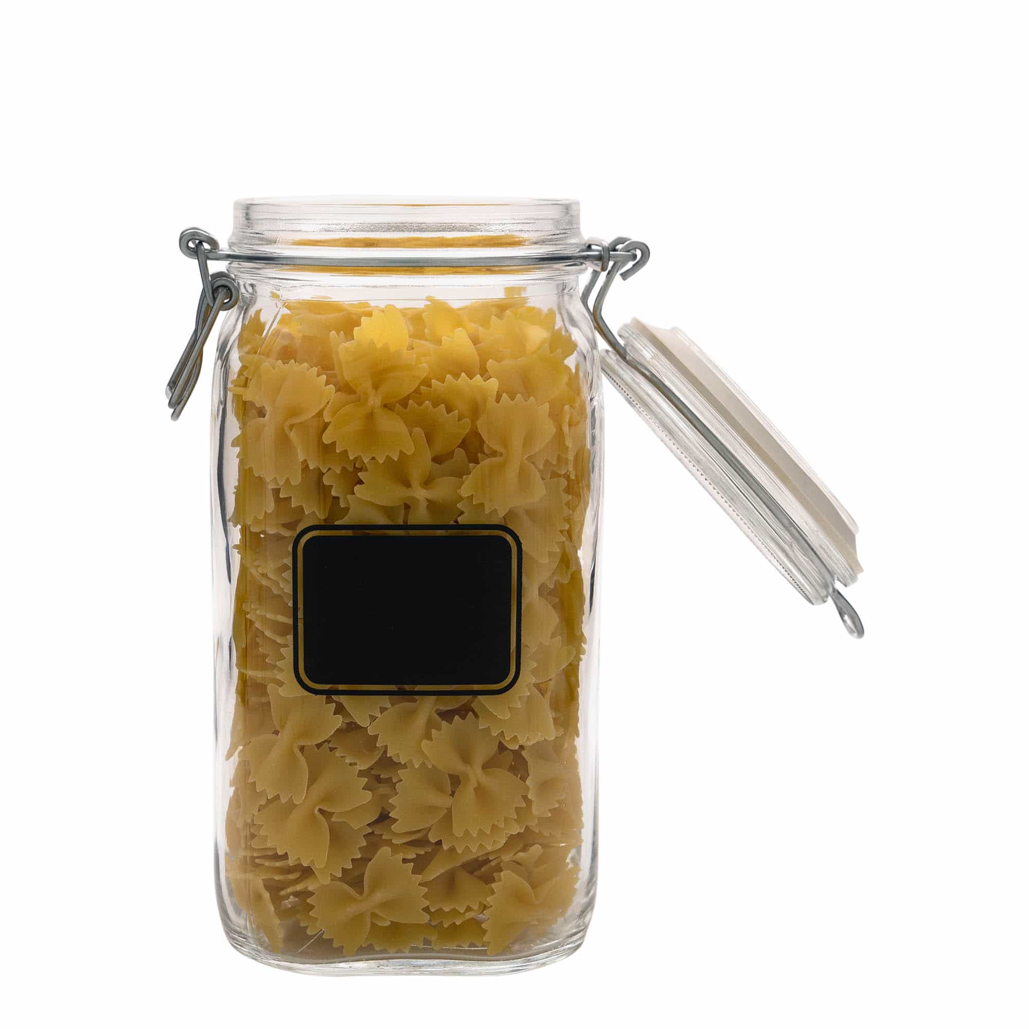 1.500 ml staklena tegla sa žičanim zatvaračem 'Fido', motiv: polje za etiketu, kvadratna, otvor: žičani zatvarač