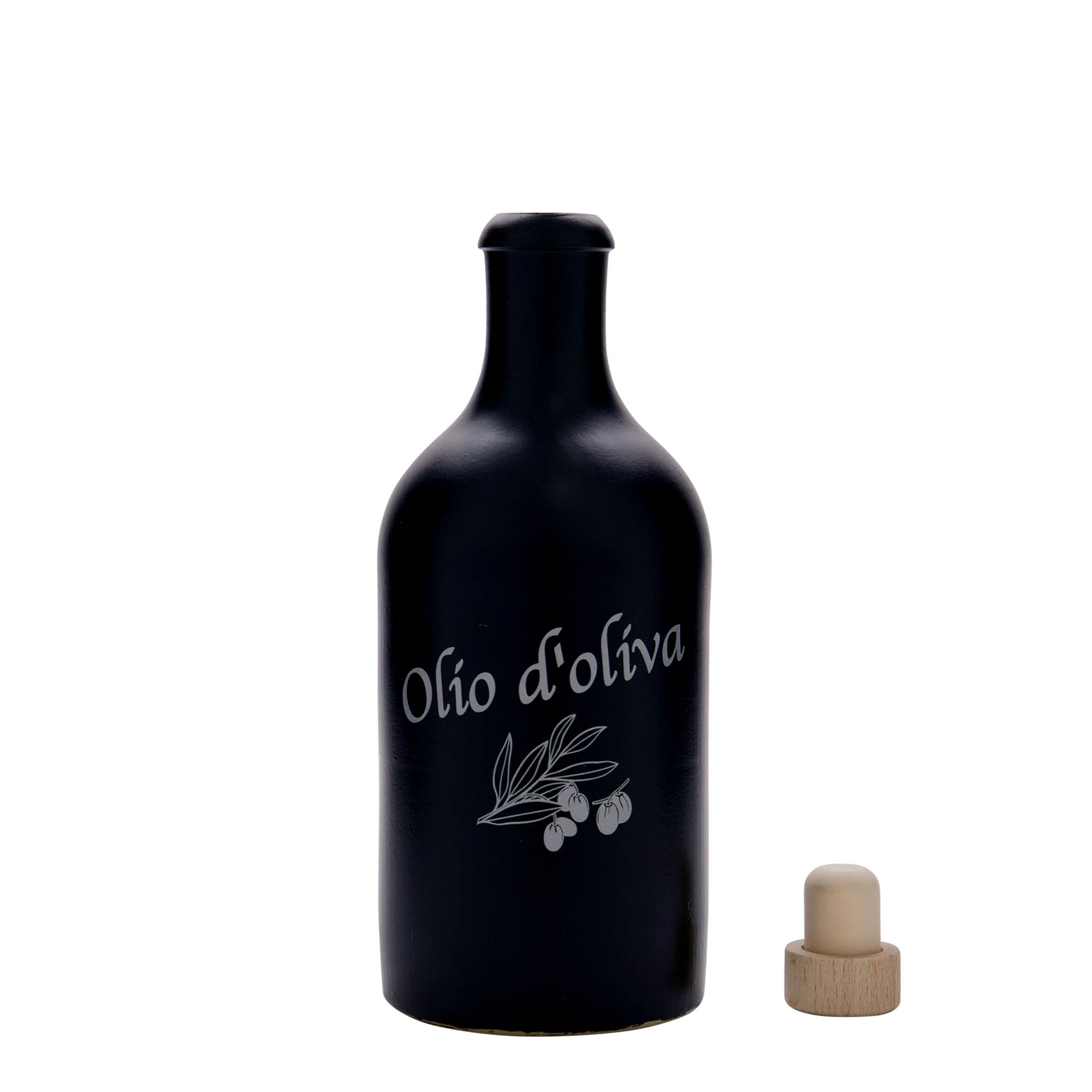 500 ml glineni vrč, motiv: Olio d'Oliva, kamenina, crni, otvor: pluta