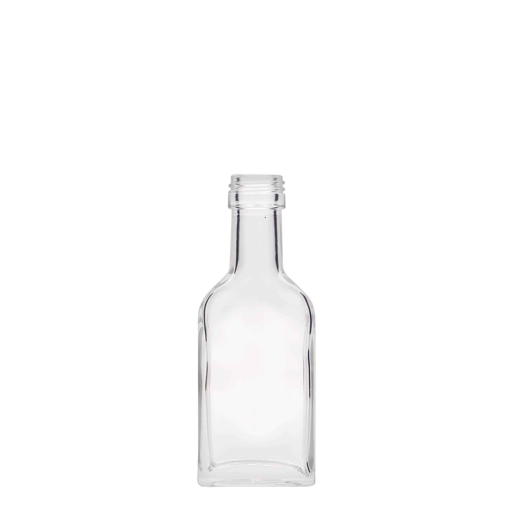 40 ml bočica za džep, dugi vrat, pravougaona, staklo, grlo: PP 22 40 ml bočica za džep, dugi vrat, pravougaona, staklo, grlo: PP 22