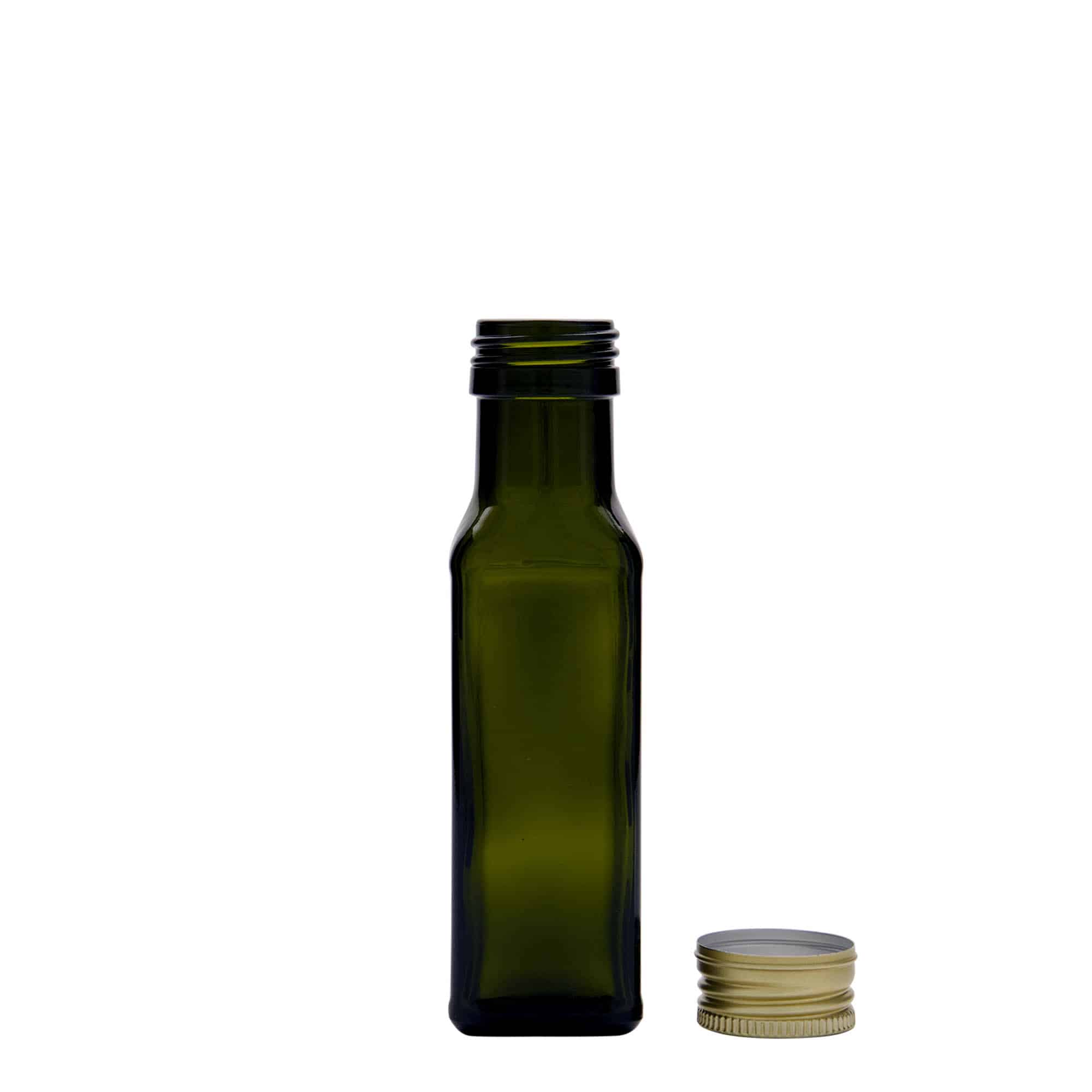 Staklena boca od 100 ml 'Marasca', kvadratna, antik zelena, otvor: PP 31,5 Staklena boca od 100 ml 'Marasca', kvadratna, antik zelena, otvor: PP 31,5