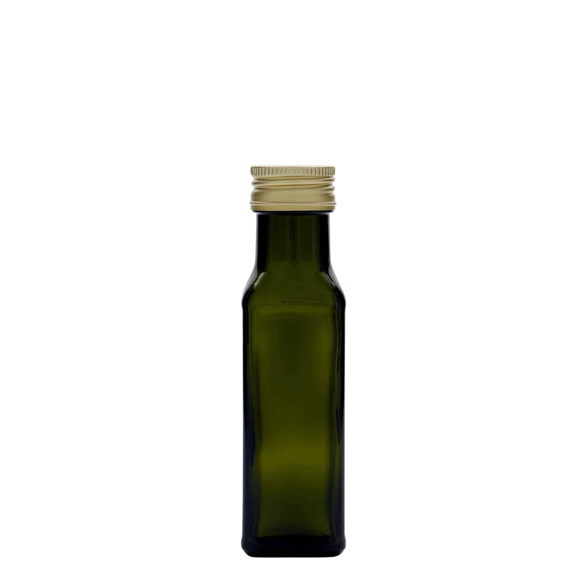 100 ml staklena flaša 'Marasca', kvadratna, antikno zelena, grlo: PP 31,5