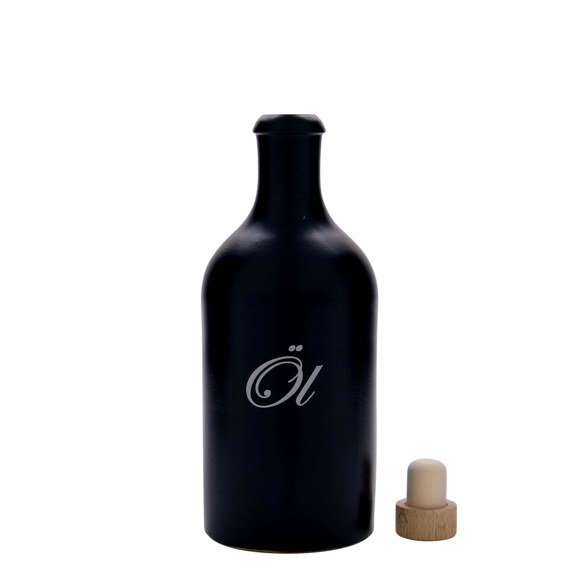 Glinena boca od 500 ml, motiv: Ulje, keramika, crna, otvor: Plutani čep Glinena boca od 500 ml, motiv: Ulje, keramika, crna, otvor: Plutani čep