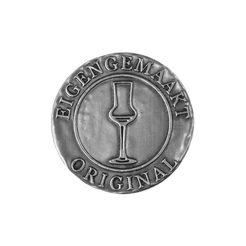 Kalajna etiketa 'Eigengemaakt', okrugla, metalna, srebrna Kalajna etiketa 'Eigengemaakt', okrugla, metalna, srebrna