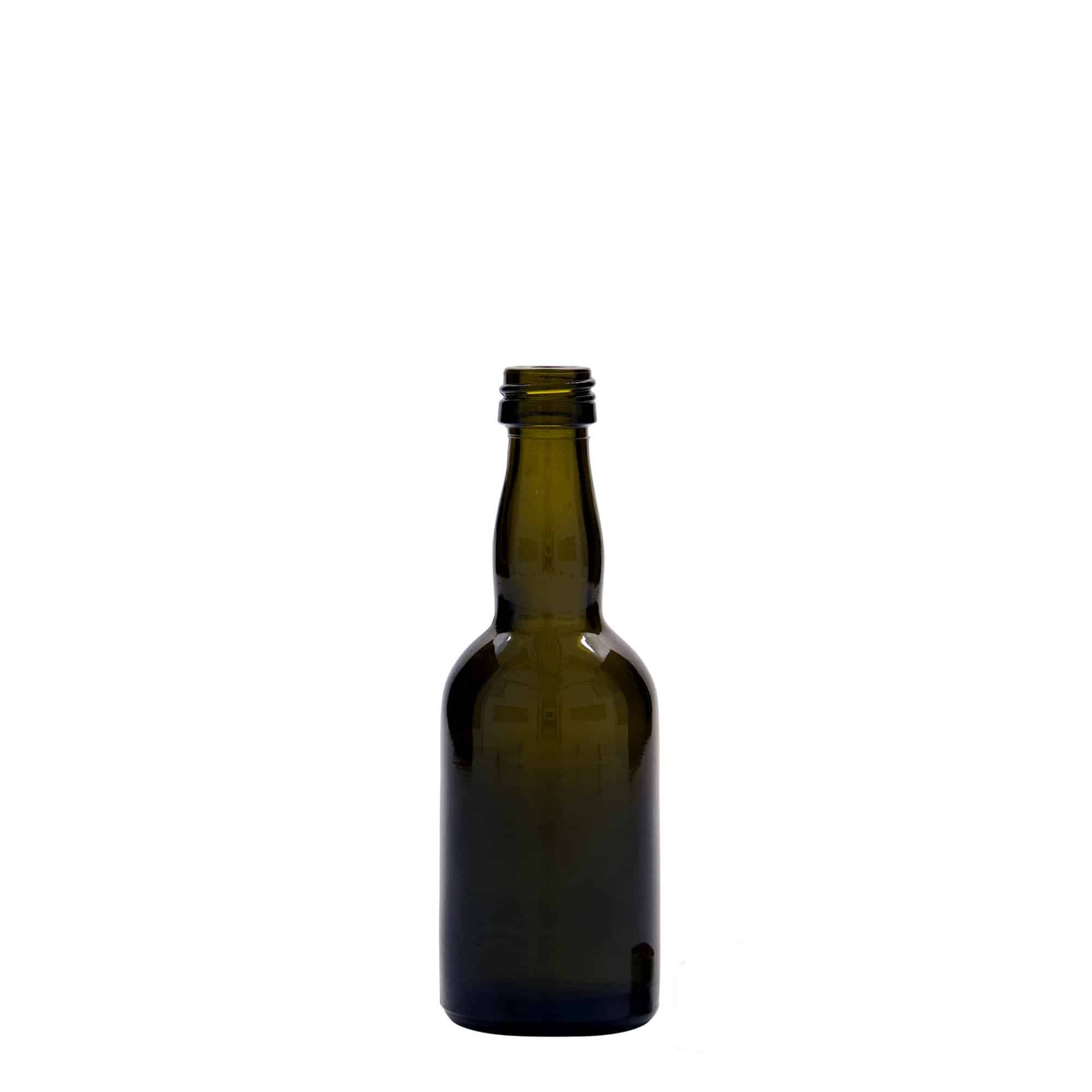 Staklena boca od 50 ml 'Proba', antik zelena, otvor: PP 18 Staklena boca od 50 ml 'Proba', antik zelena, otvor: PP 18
