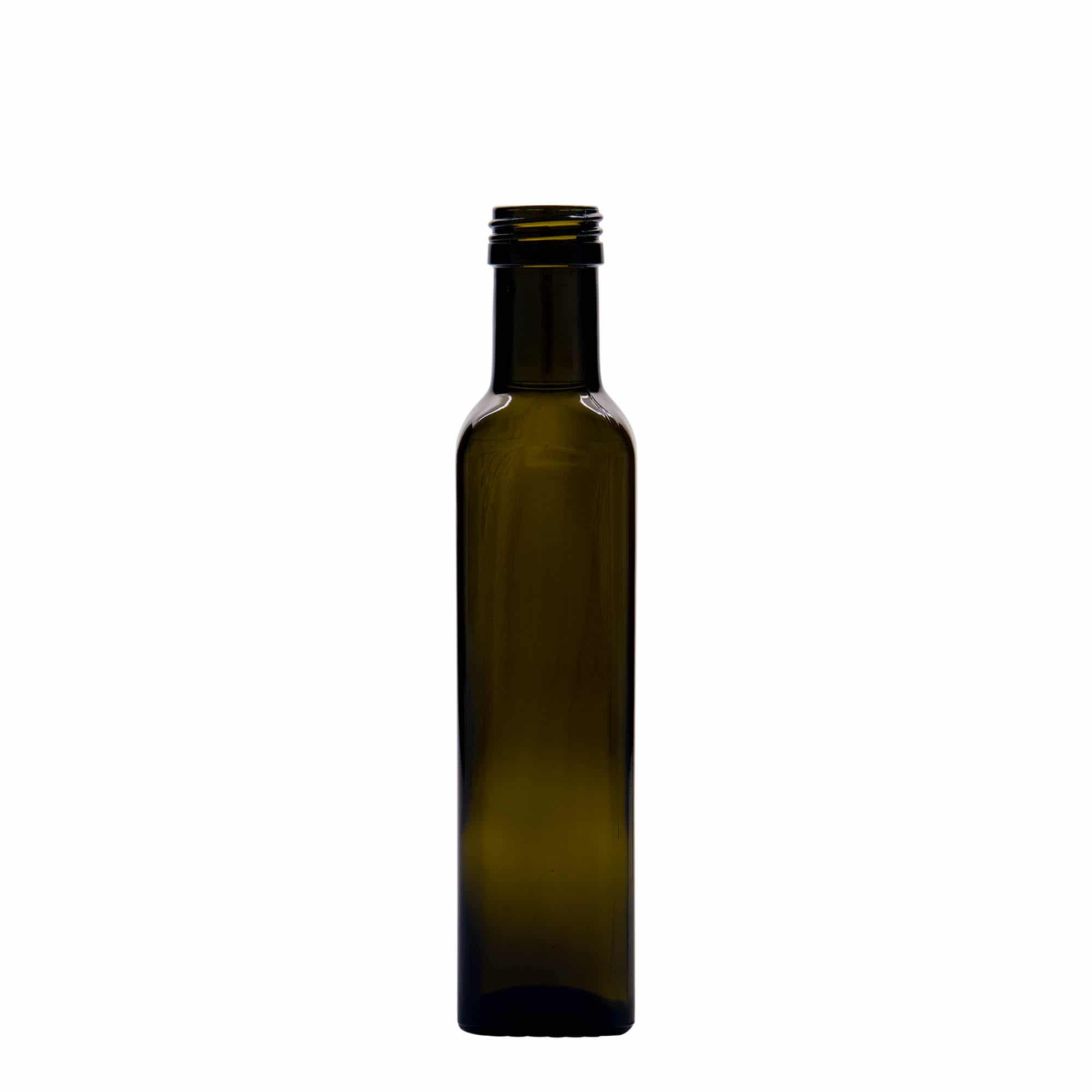 250 ml staklena flaša 'Marasca', kvadratna, antikno zelena, grlo: PP 31,5