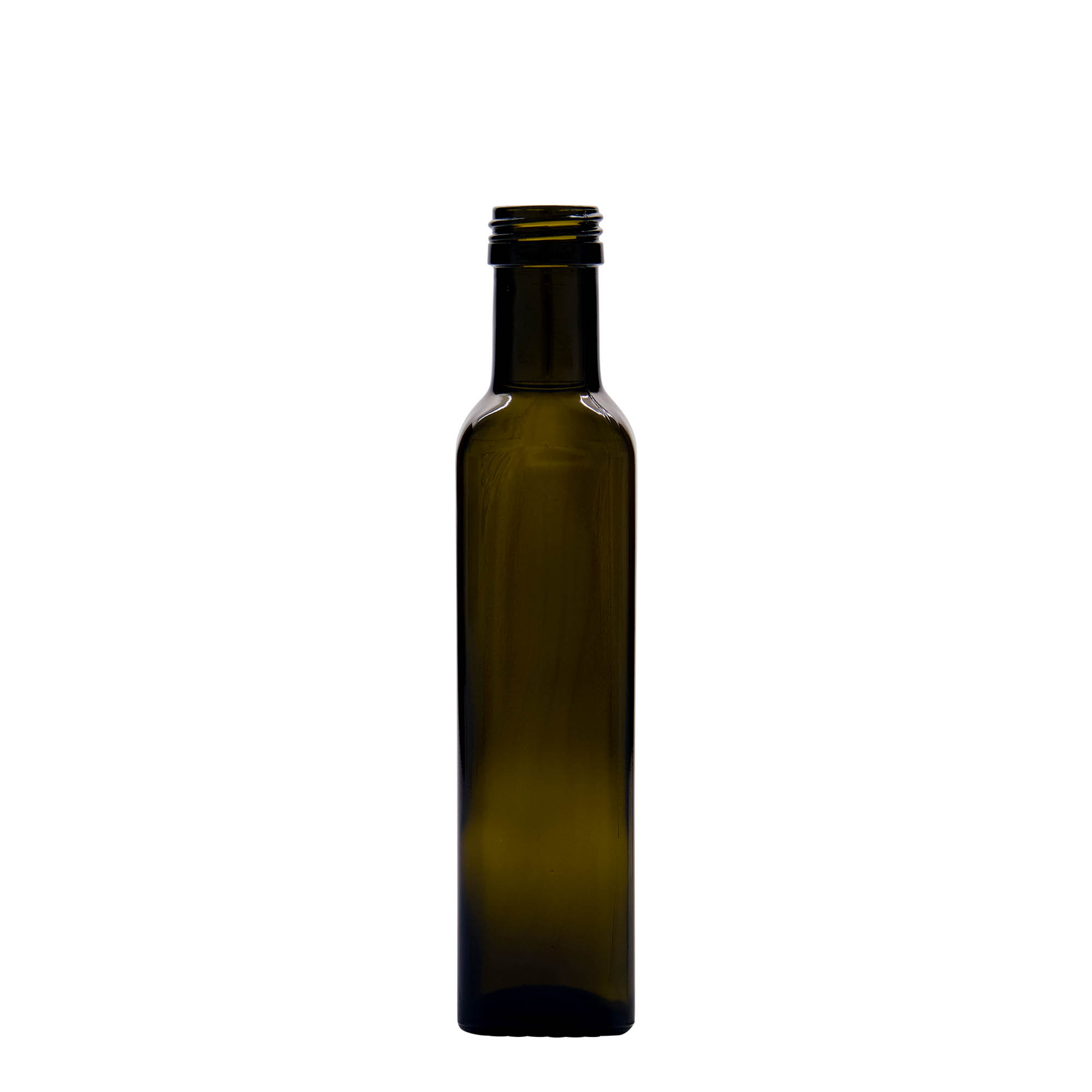 250 ml staklena flaša 'Marasca', kvadratna, antikno zelena, grlo: PP 31,5