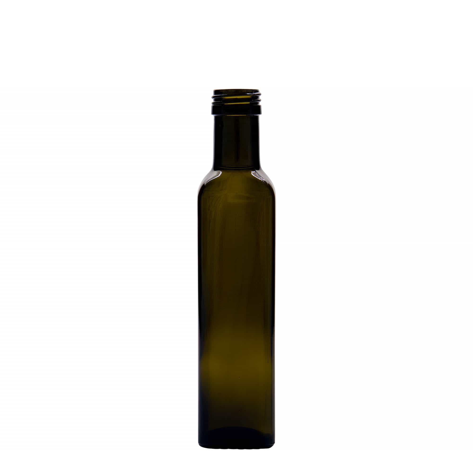 250 ml staklena flaša 'Marasca', kvadratna, antikno zelena, grlo: PP 31,5