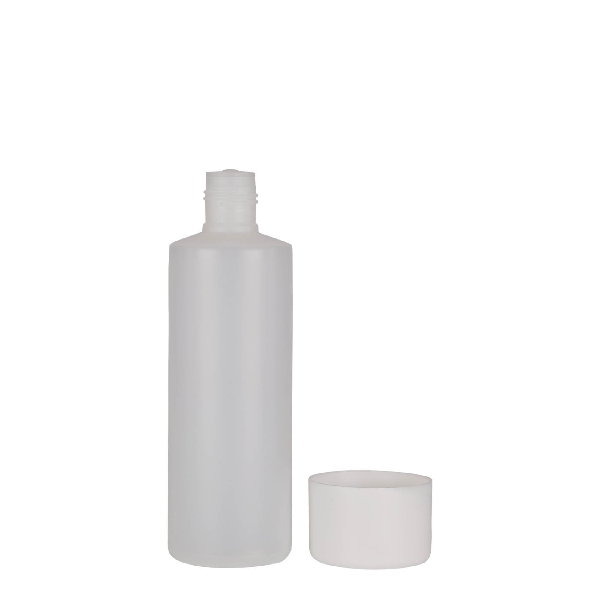 200 ml okrugla flaša, PE-plastika, prirodna boja, otvor: navojni zatvarač