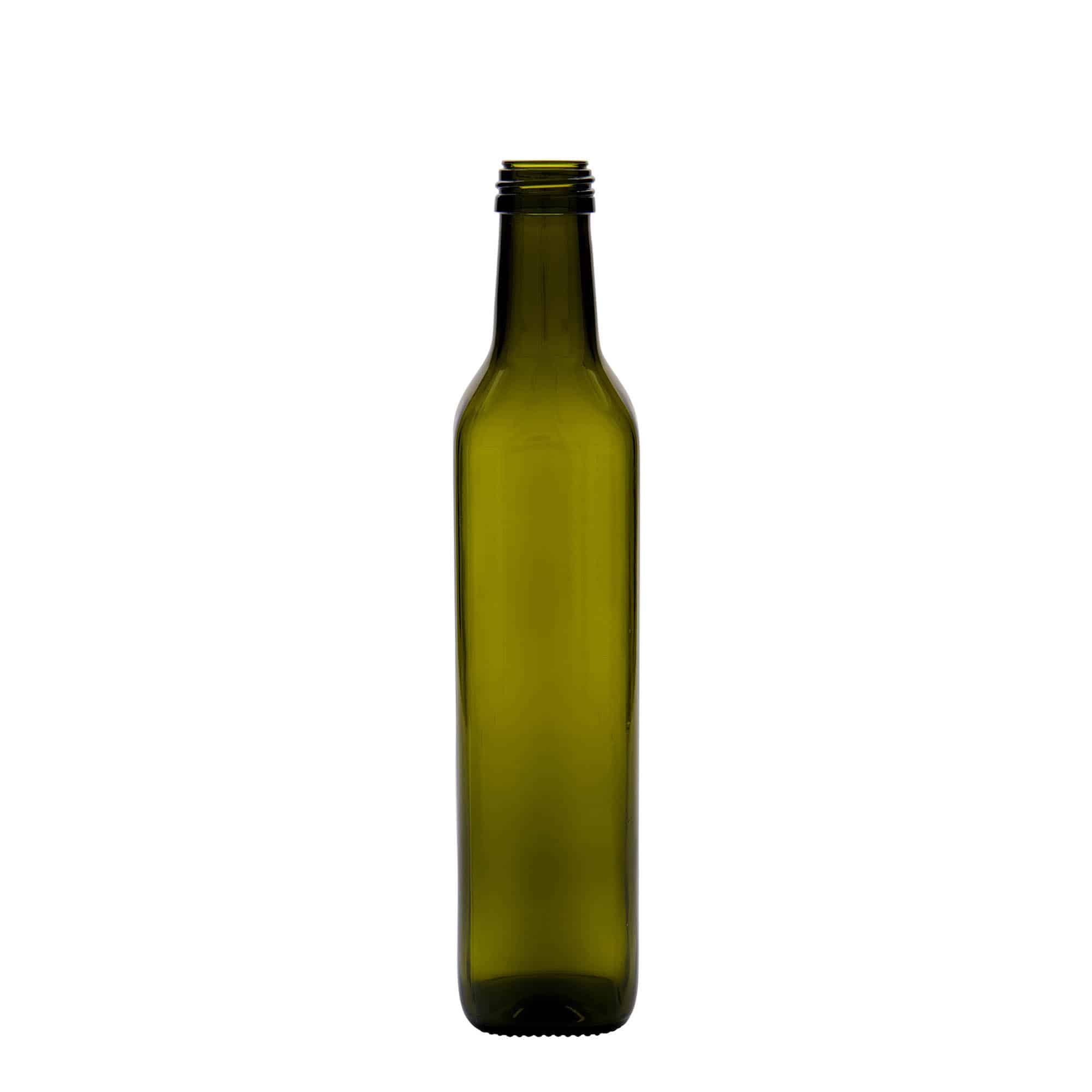 500 ml staklena boca 'Marasca', kvadratna, antikno zelena, grlo: PP 31,5