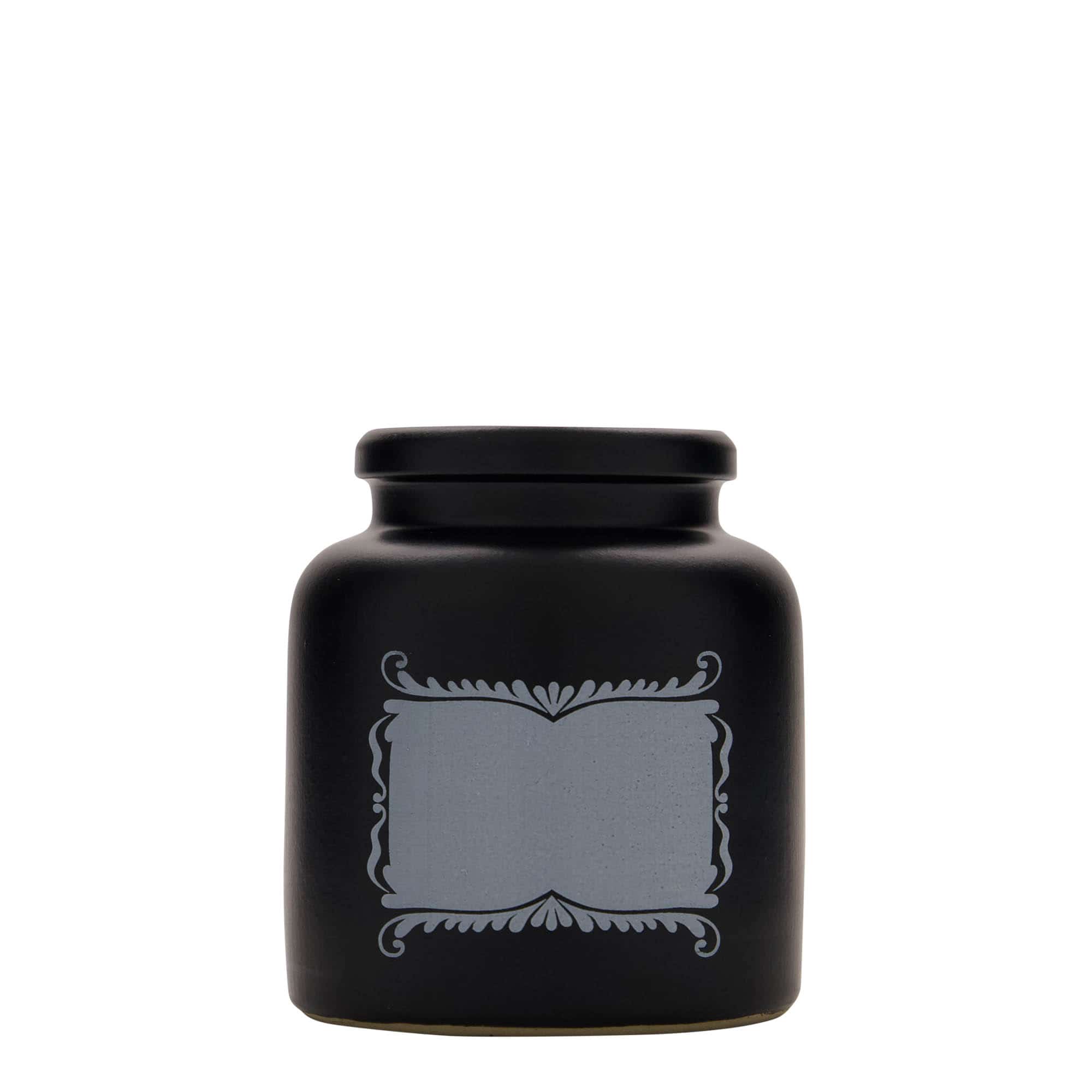 Kamena tegla od 270 ml, motiv: Polje za etiketu, keramika, crna, otvor: Kupolasti poklopac Kamena tegla od 270 ml, motiv: Polje za etiketu, keramika, crna, otvor: Kupolasti poklopac