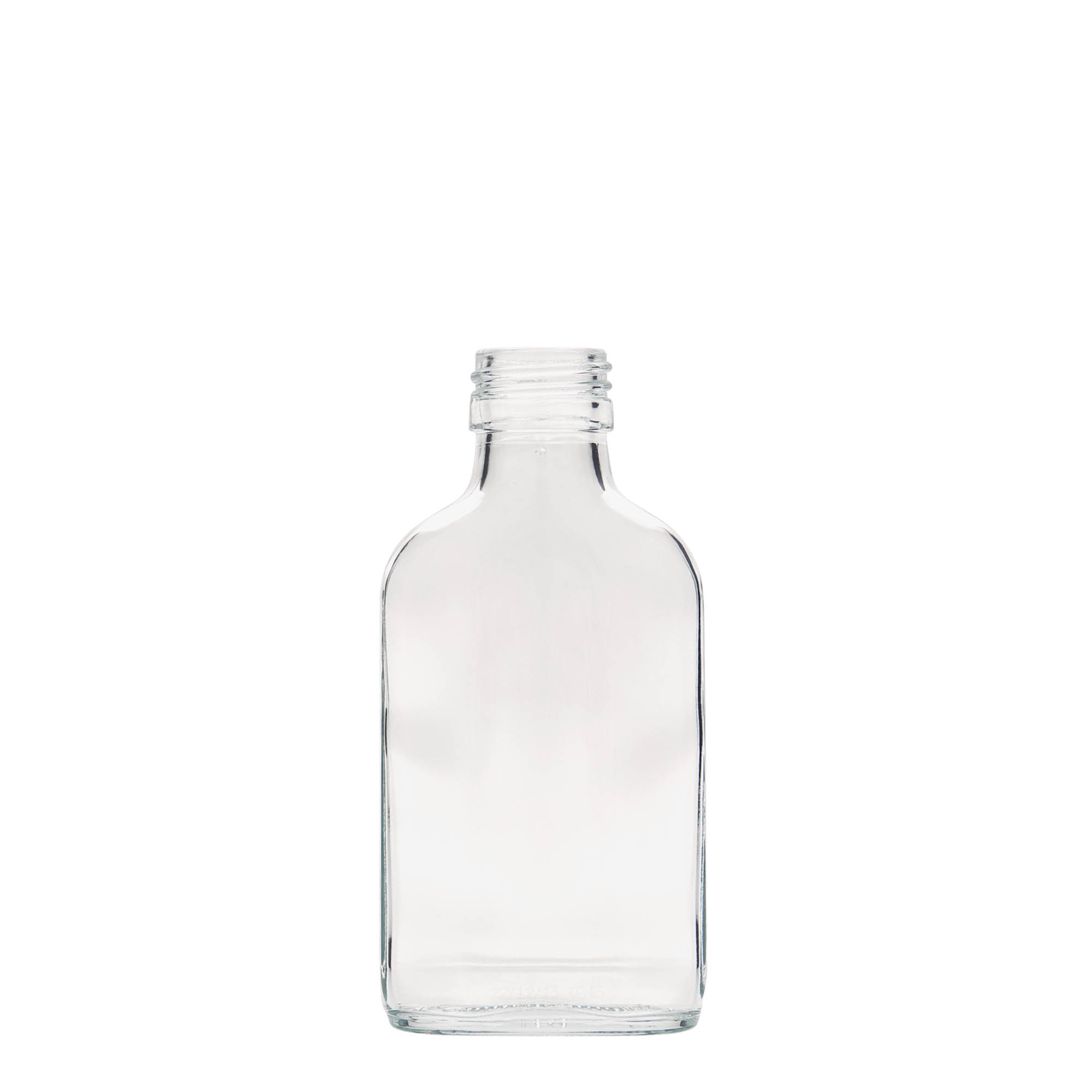Džepna boca od 100 ml, pravougaona, staklo, otvor: PP 28 Džepna boca od 100 ml, pravougaona, staklo, otvor: PP 28