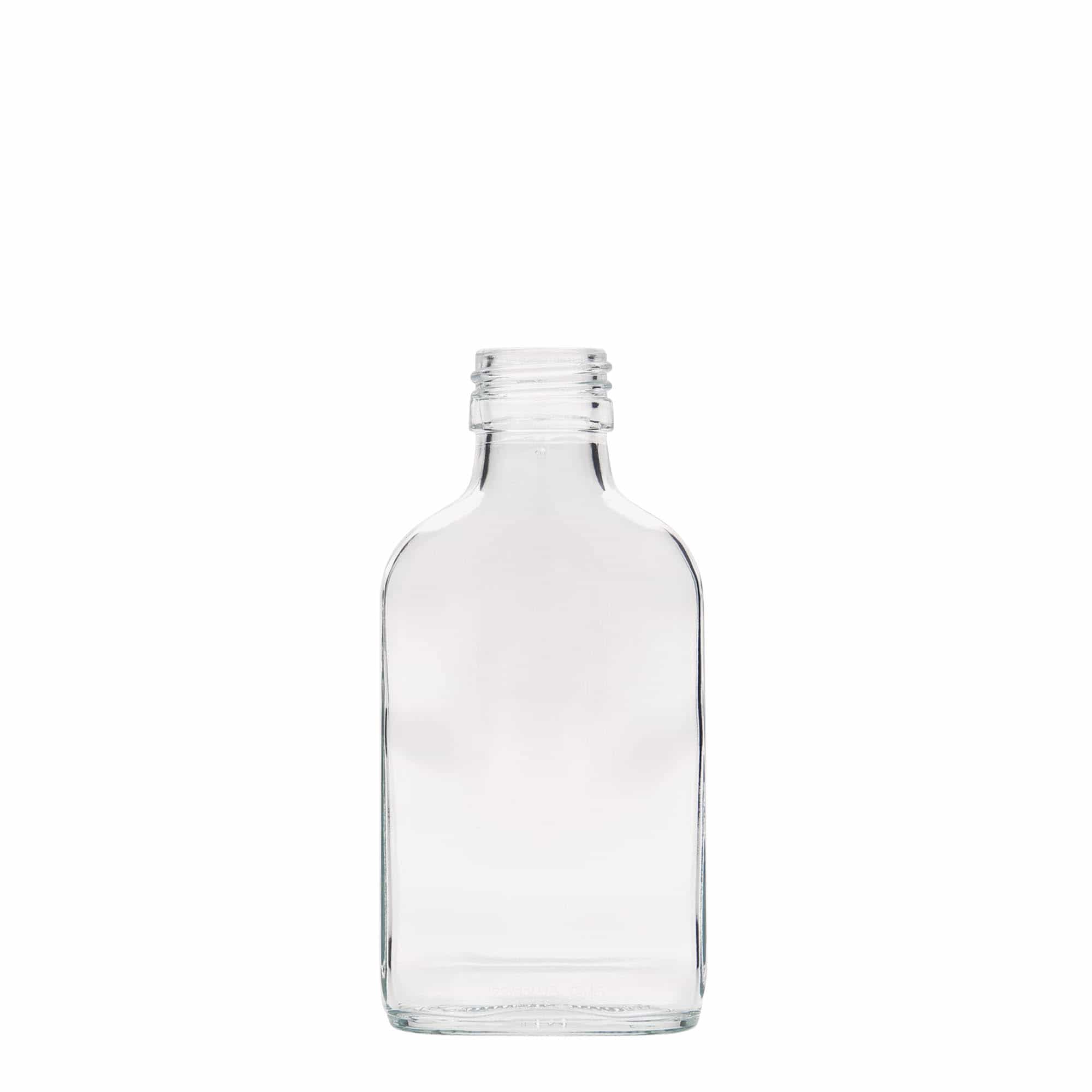 Džepna boca od 100 ml, pravougaona, staklo, otvor: PP 28 Džepna boca od 100 ml, pravougaona, staklo, otvor: PP 28