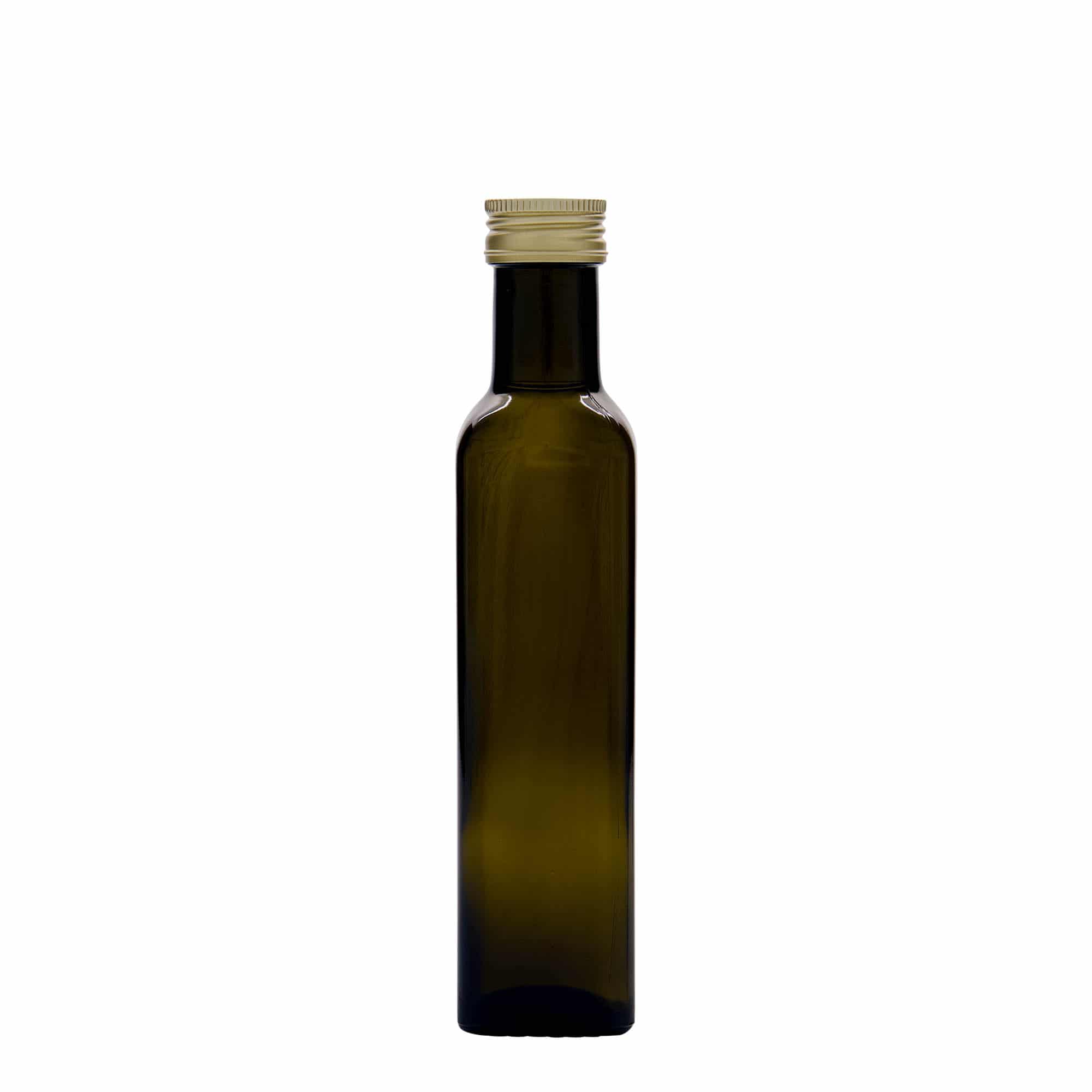 250 ml staklena flaša 'Marasca', kvadratna, antikno zelena, grlo: PP 31,5