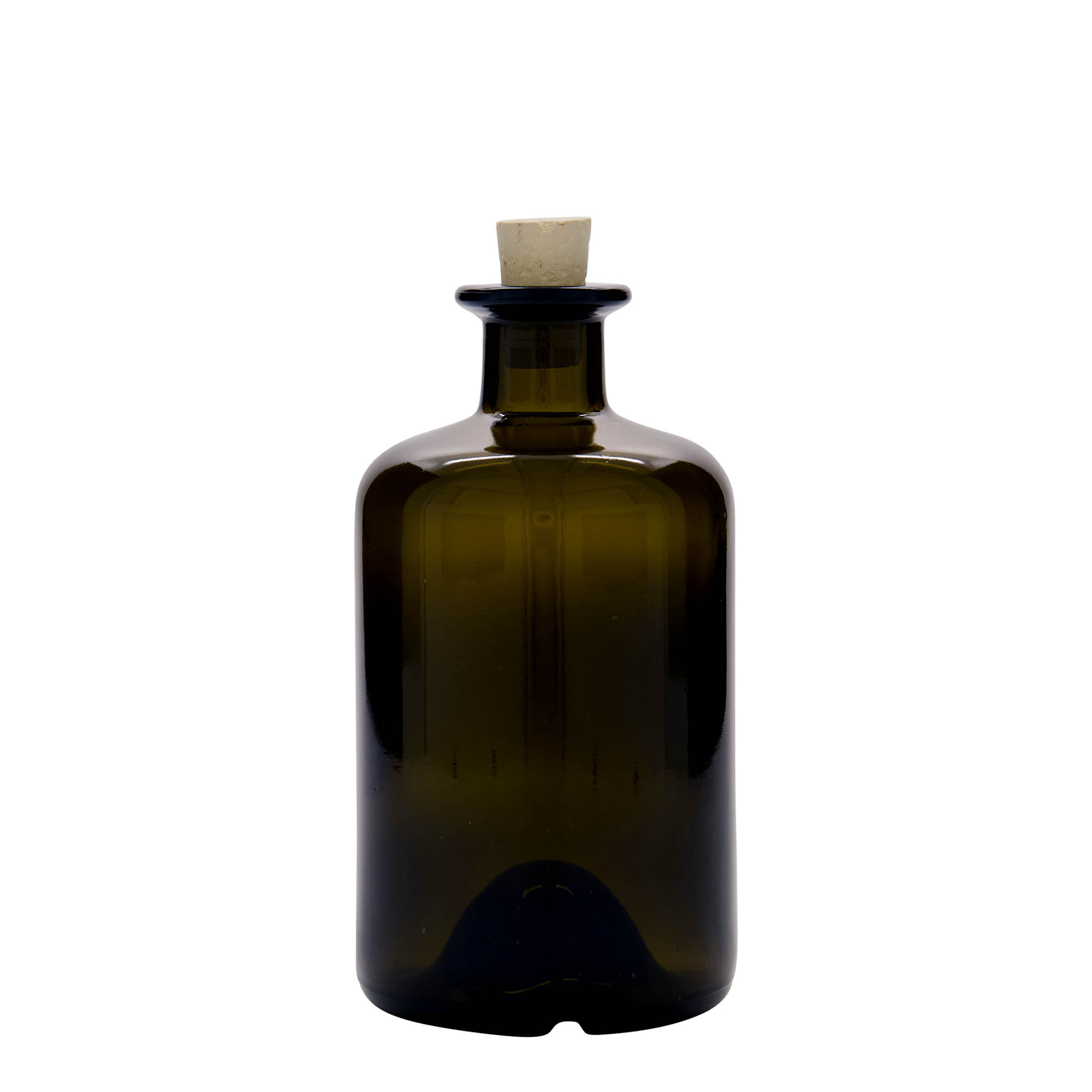 500 ml staklena flaša apotekarska, antikno zelena, grlo: čep