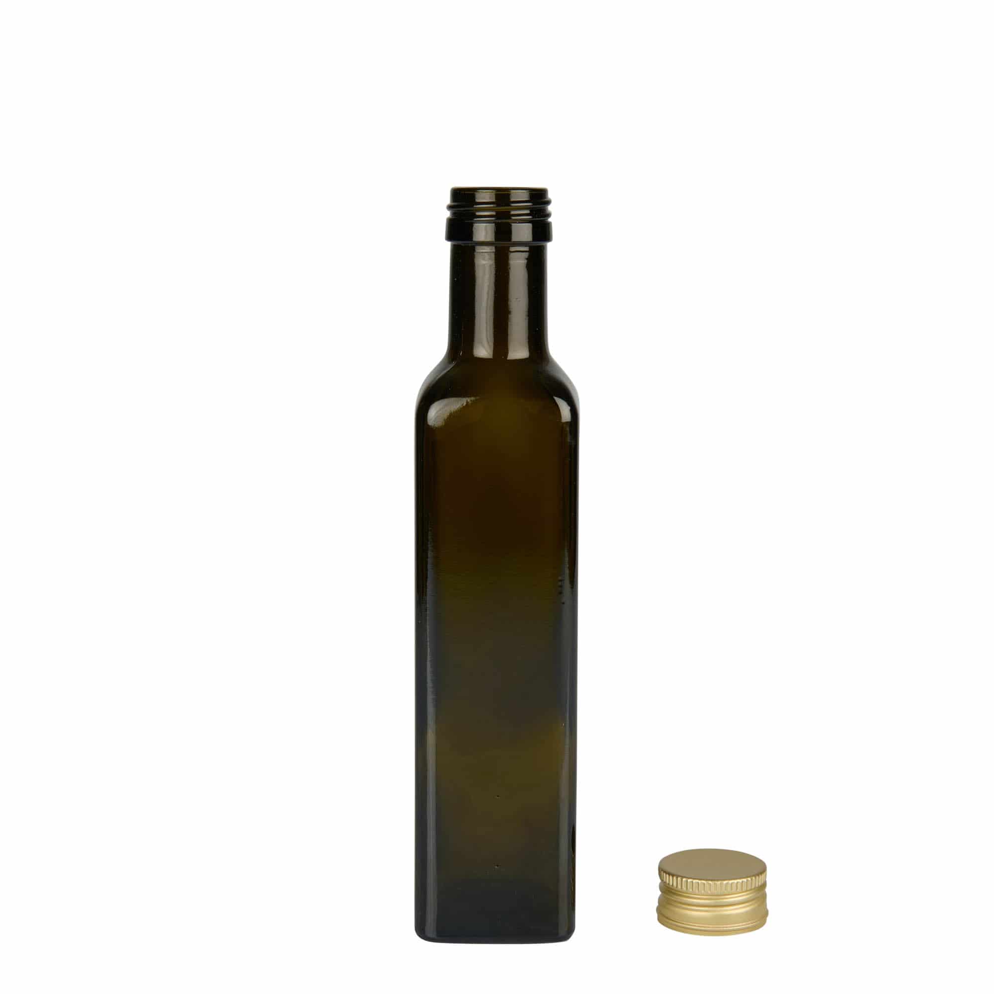 250 ml staklena flaša 'Marasca', kvadratna, antikno zelena, grlo: PP 31,5