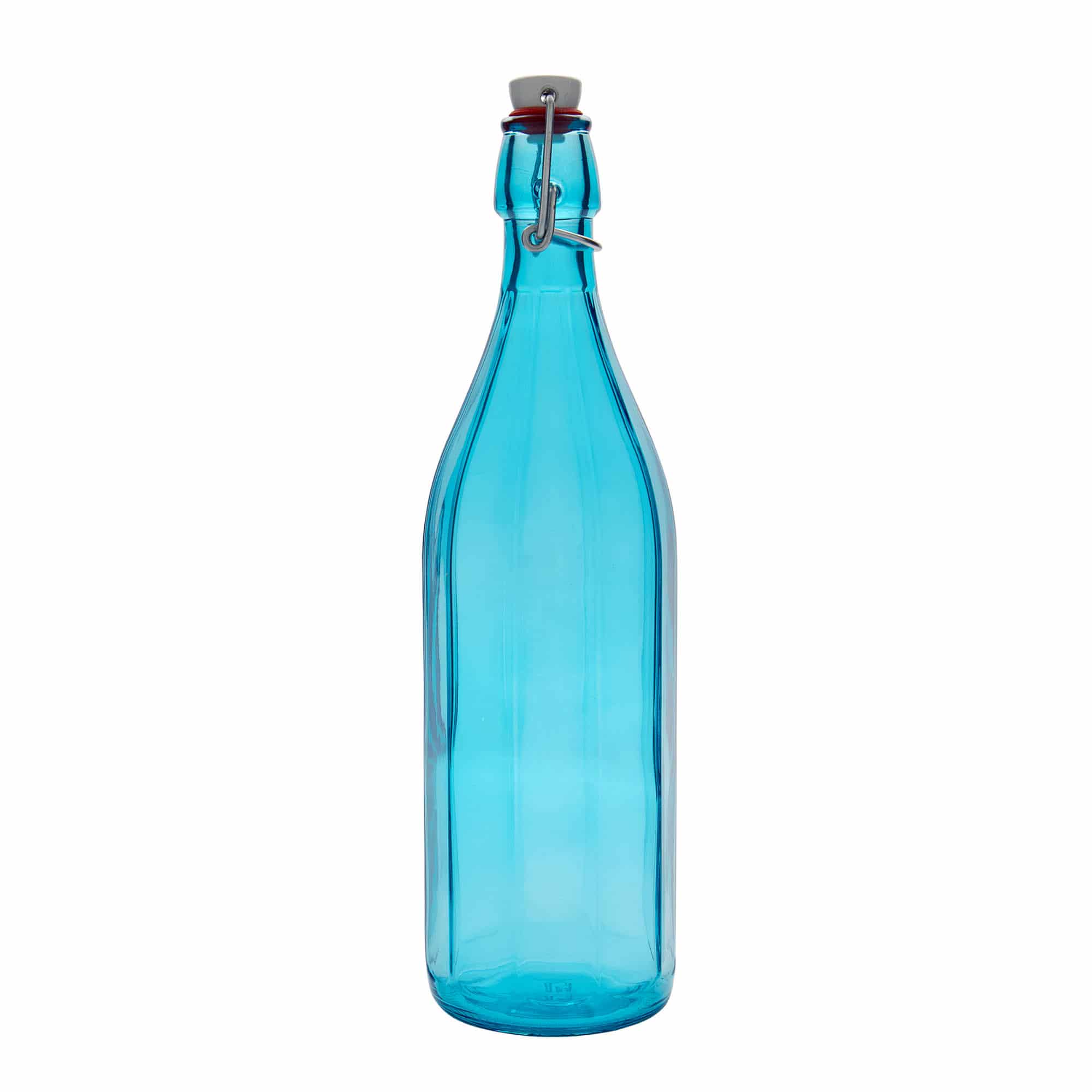 Staklena boca od 1000 ml 'Oxford', šestougaona, azurno plava, otvor: Zakretni vrh Staklena boca od 1000 ml 'Oxford', šestougaona, azurno plava, otvor: Zakretni vrh