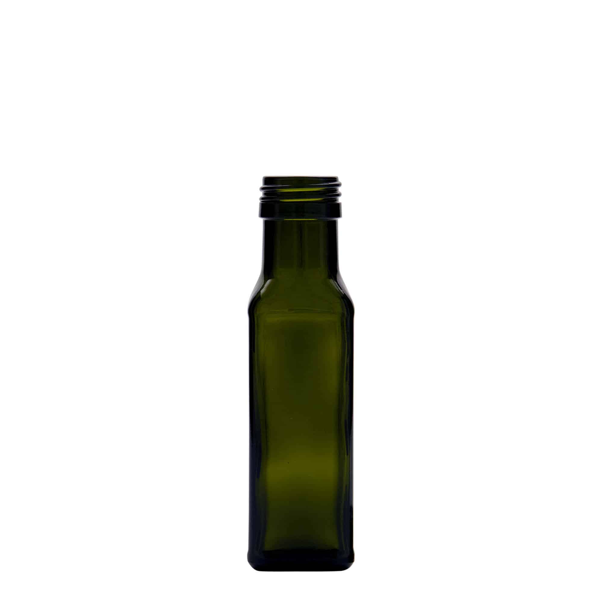 Staklena boca od 100 ml 'Marasca', kvadratna, antik zelena, otvor: PP 31,5