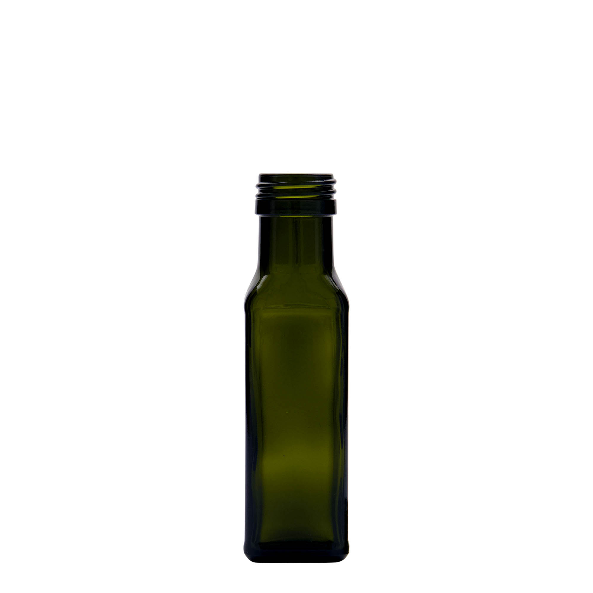100 ml staklena flaša 'Marasca', kvadratna, antikno zelena, grlo: PP 31,5