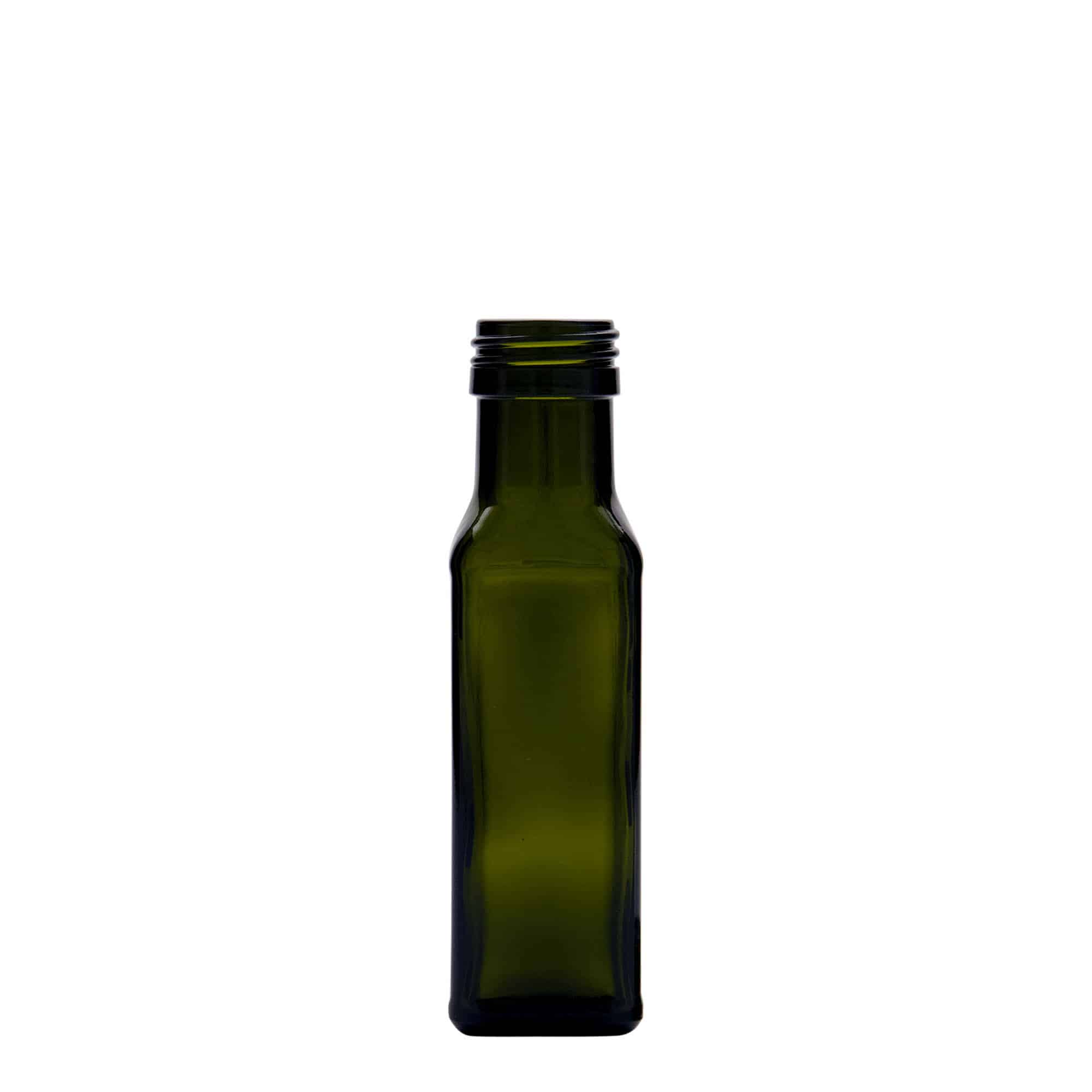 100 ml staklena flaša 'Marasca', kvadratna, antikno zelena, grlo: PP 31,5