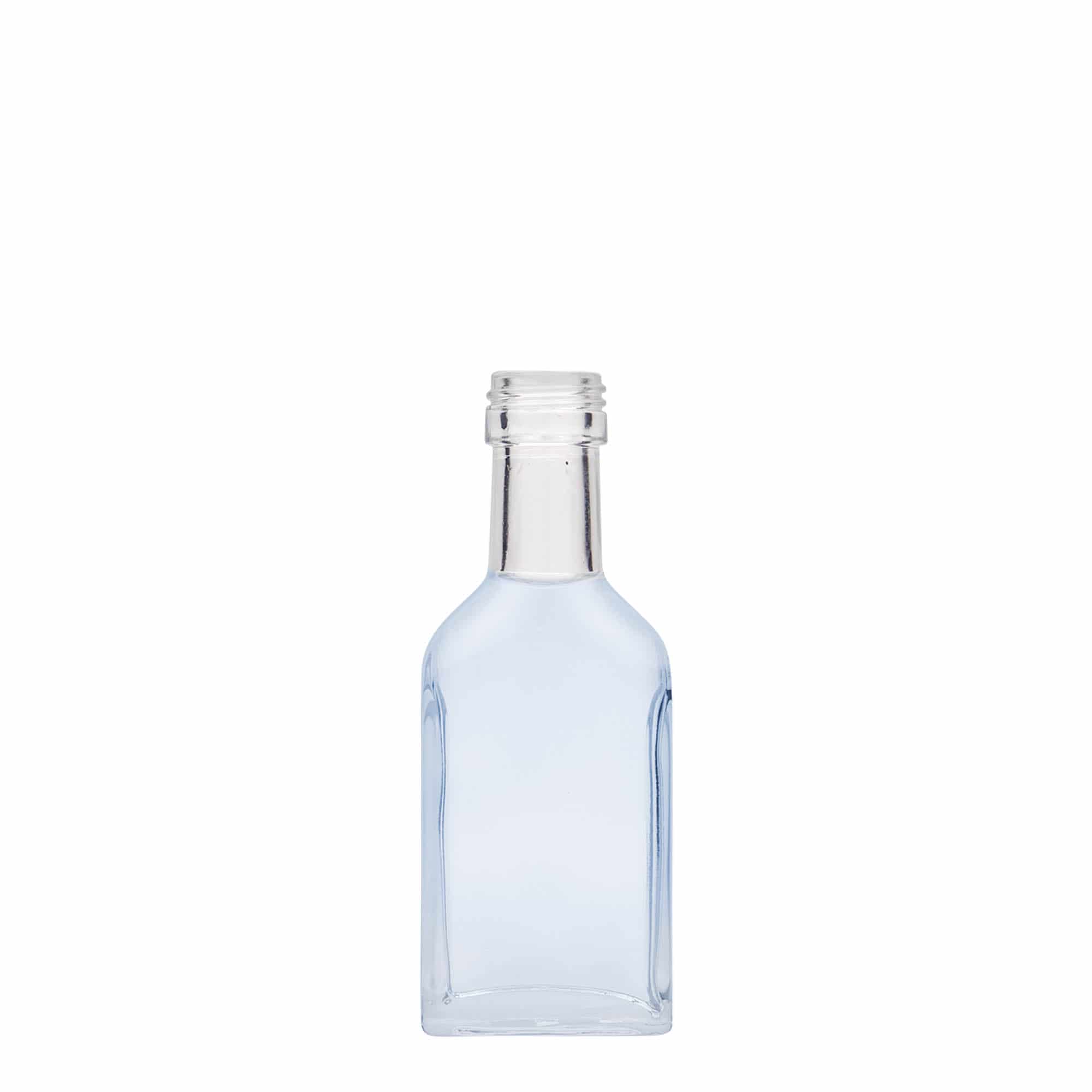 40 ml bočica za džep, dugi vrat, pravougaona, staklo, grlo: PP 22 40 ml bočica za džep, dugi vrat, pravougaona, staklo, grlo: PP 22