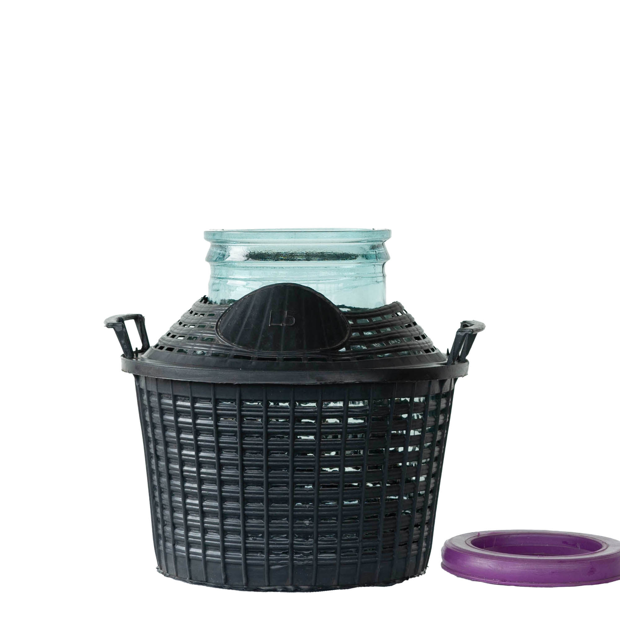 5 l balonska boca širokog grla, staklena, otvor: poklopac na navlaku 5 l balonska boca širokog grla, staklena, otvor: poklopac na navlaku