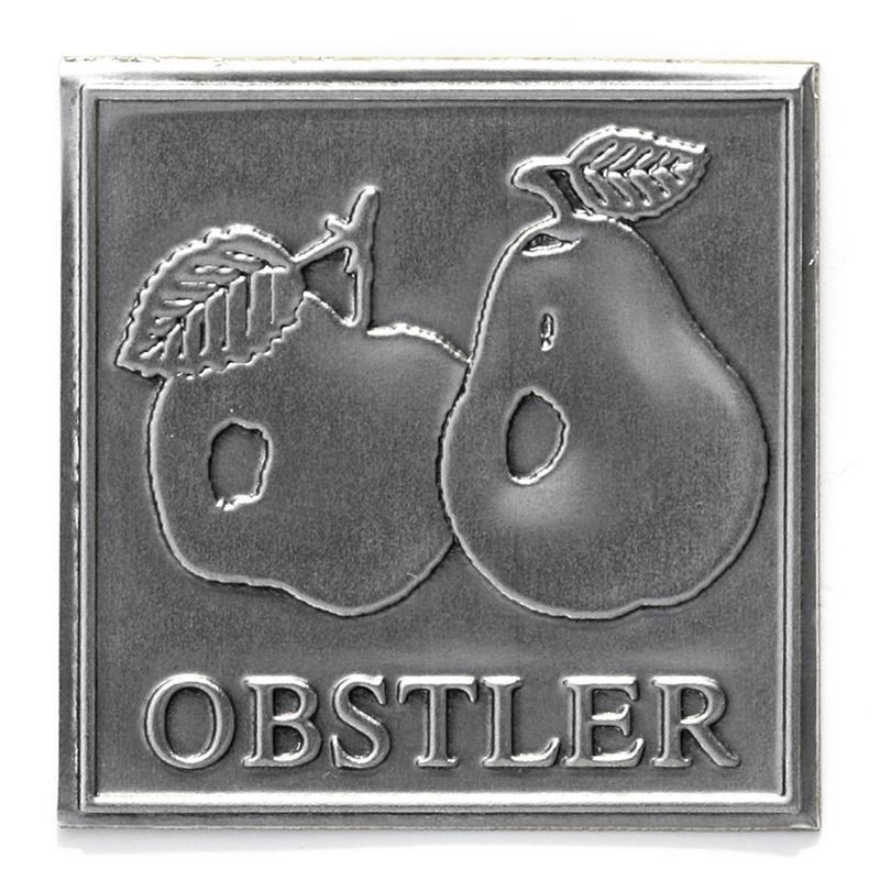 Pločica od kositra 'Obstler', kvadratna, metalna, srebrna Pločica od kositra 'Obstler', kvadratna, metalna, srebrna