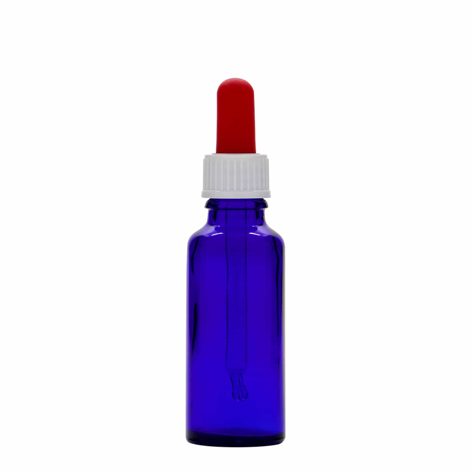 30 ml bočica sa pipetom za medicinu, staklena, kraljevsko plava-crvena, otvor: DIN 18