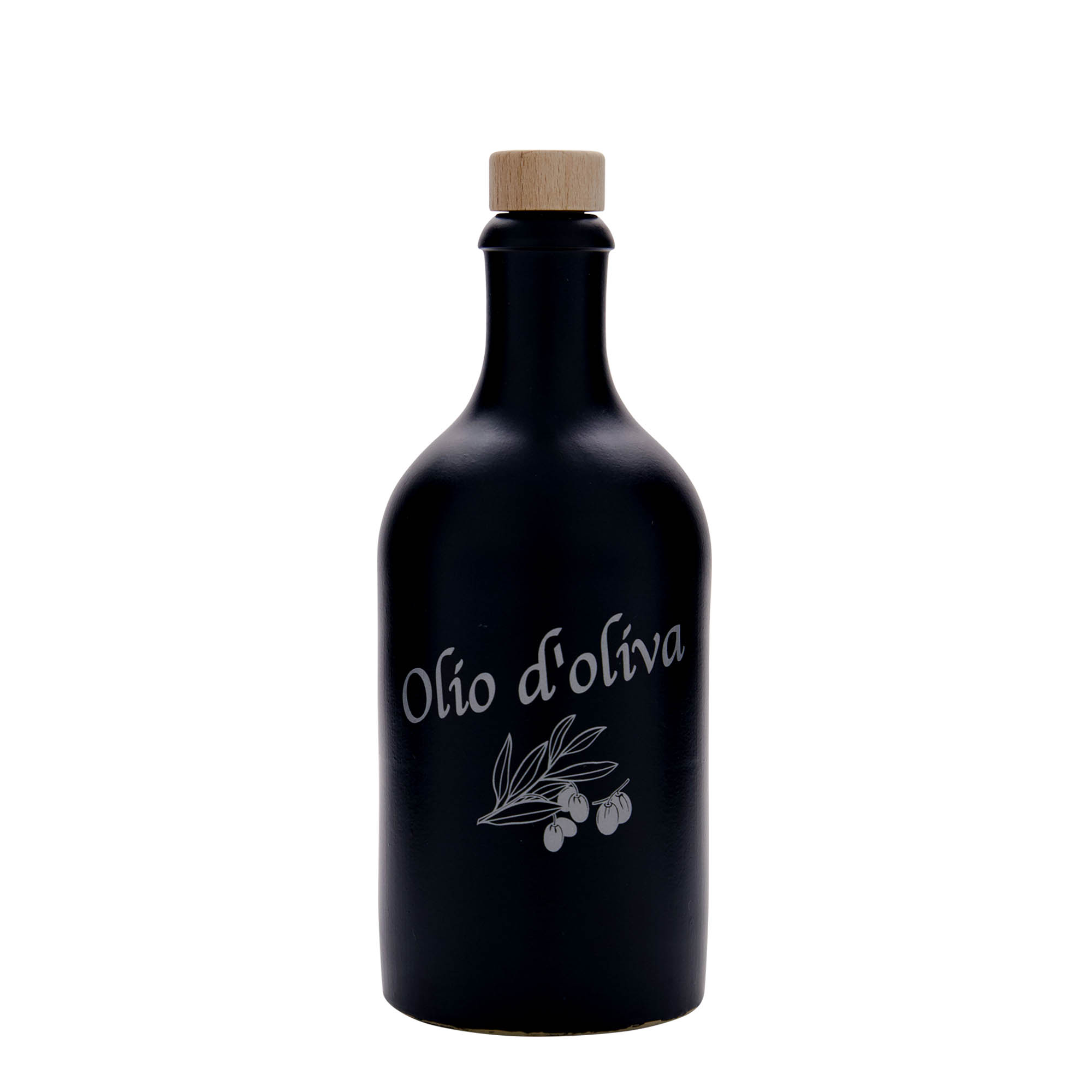 500 ml glineni vrč, motiv: Olio d'Oliva, kamenina, crni, otvor: pluta