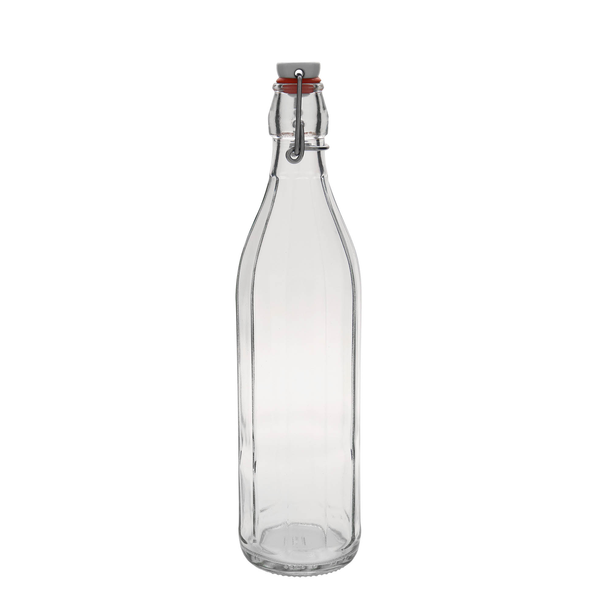 750 ml staklena flaša 'Bravo', desetougaona, otvor: zatvarač sa kopčom