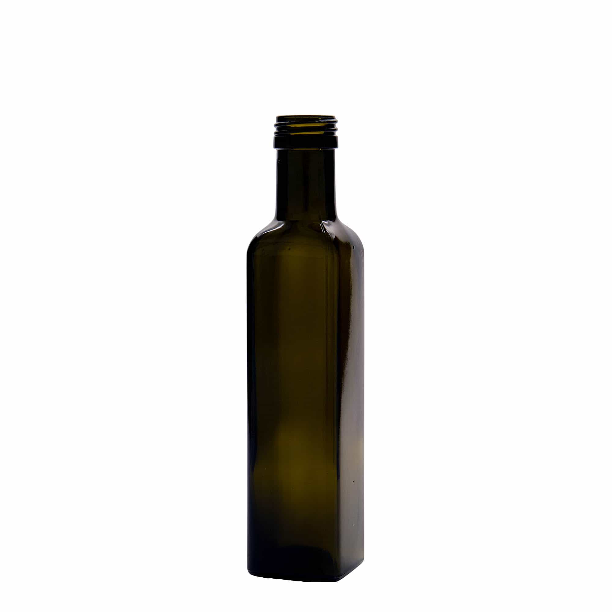 250 ml staklena flaša 'Marasca', kvadratna, antikno zelena, grlo: PP 31,5 250 ml staklena flaša 'Marasca', kvadratna, antikno zelena, grlo: PP 31,5