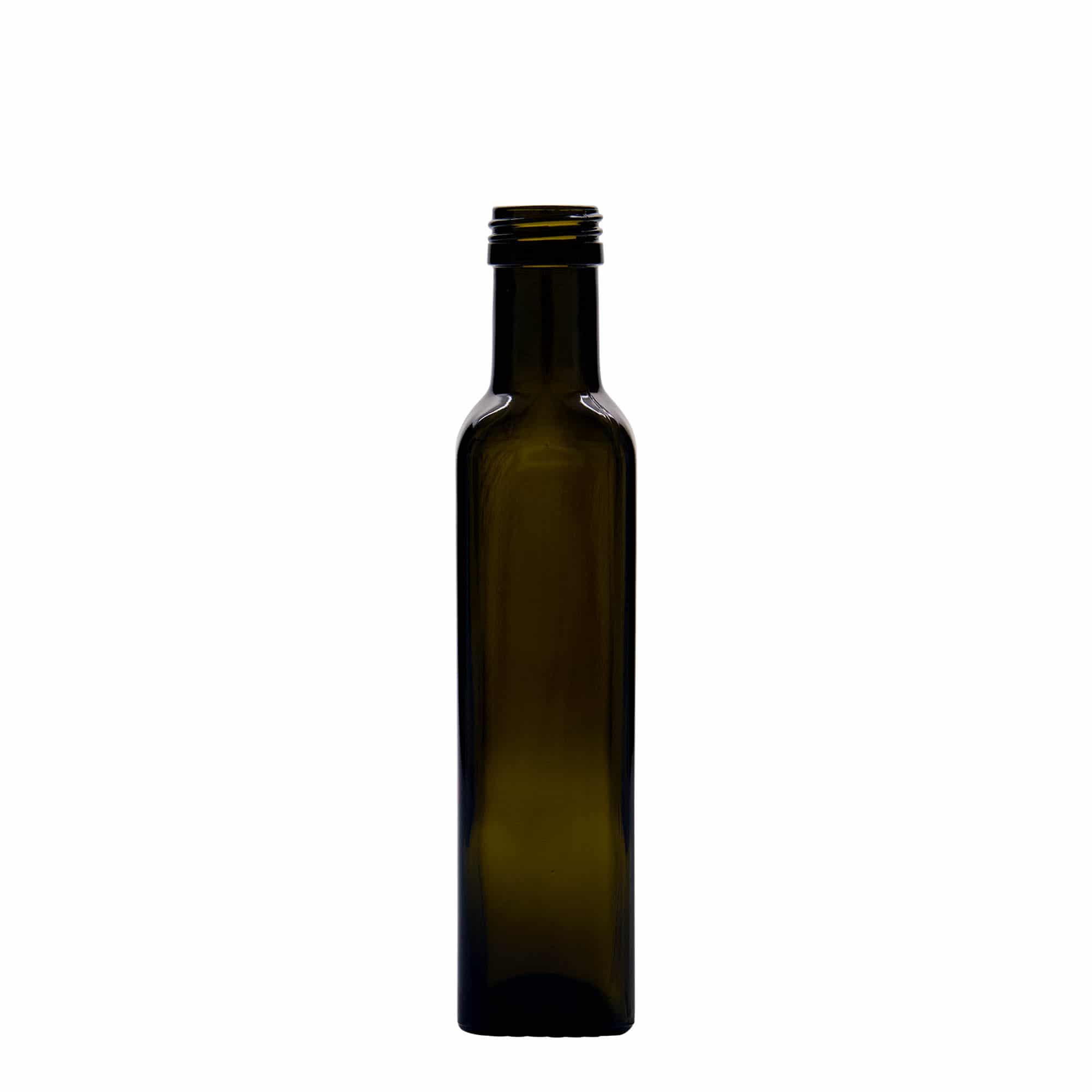 250 ml staklena flaša 'Marasca', kvadratna, antikno zelena, grlo: PP 31,5