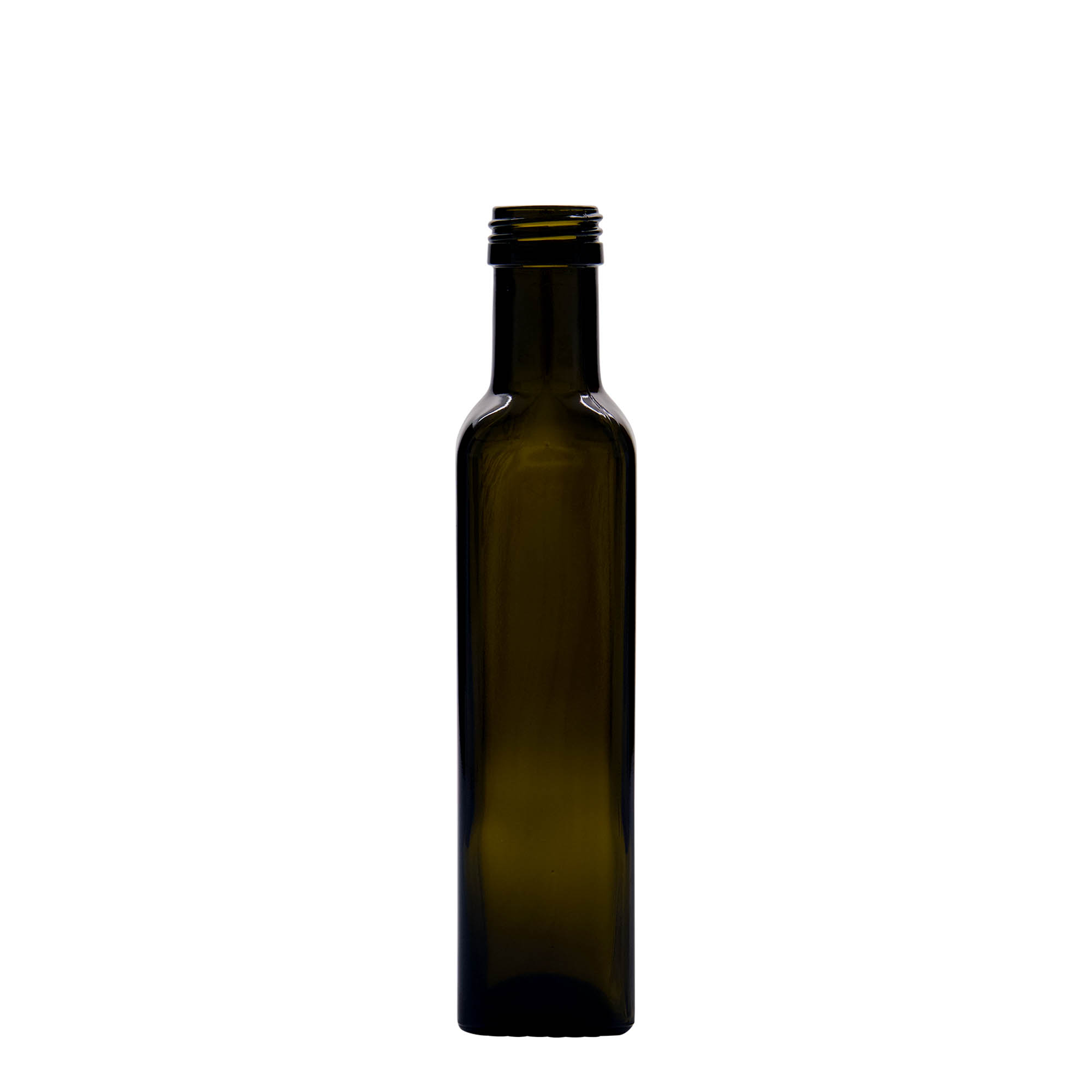 250 ml staklena flaša 'Marasca', kvadratna, antikno zelena, grlo: PP 31,5