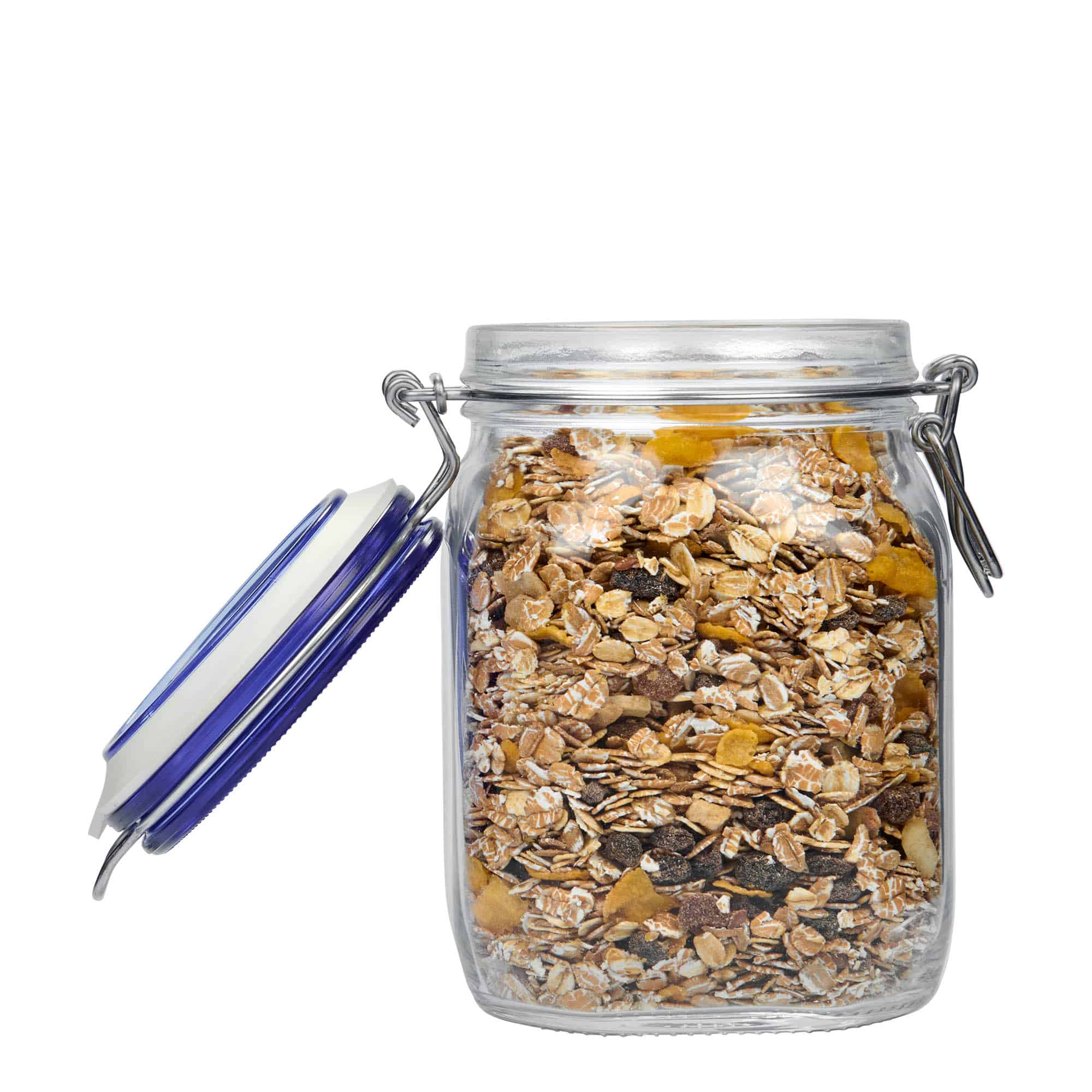 1.000 ml staklena tegla sa žičanim zatvaračem 'Fido' plavi poklopac, kvadratna, otvor: žičani zatvarač 1.000 ml staklena tegla sa žičanim zatvaračem 'Fido' plavi poklopac, kvadratna, otvor: žičani zatvarač