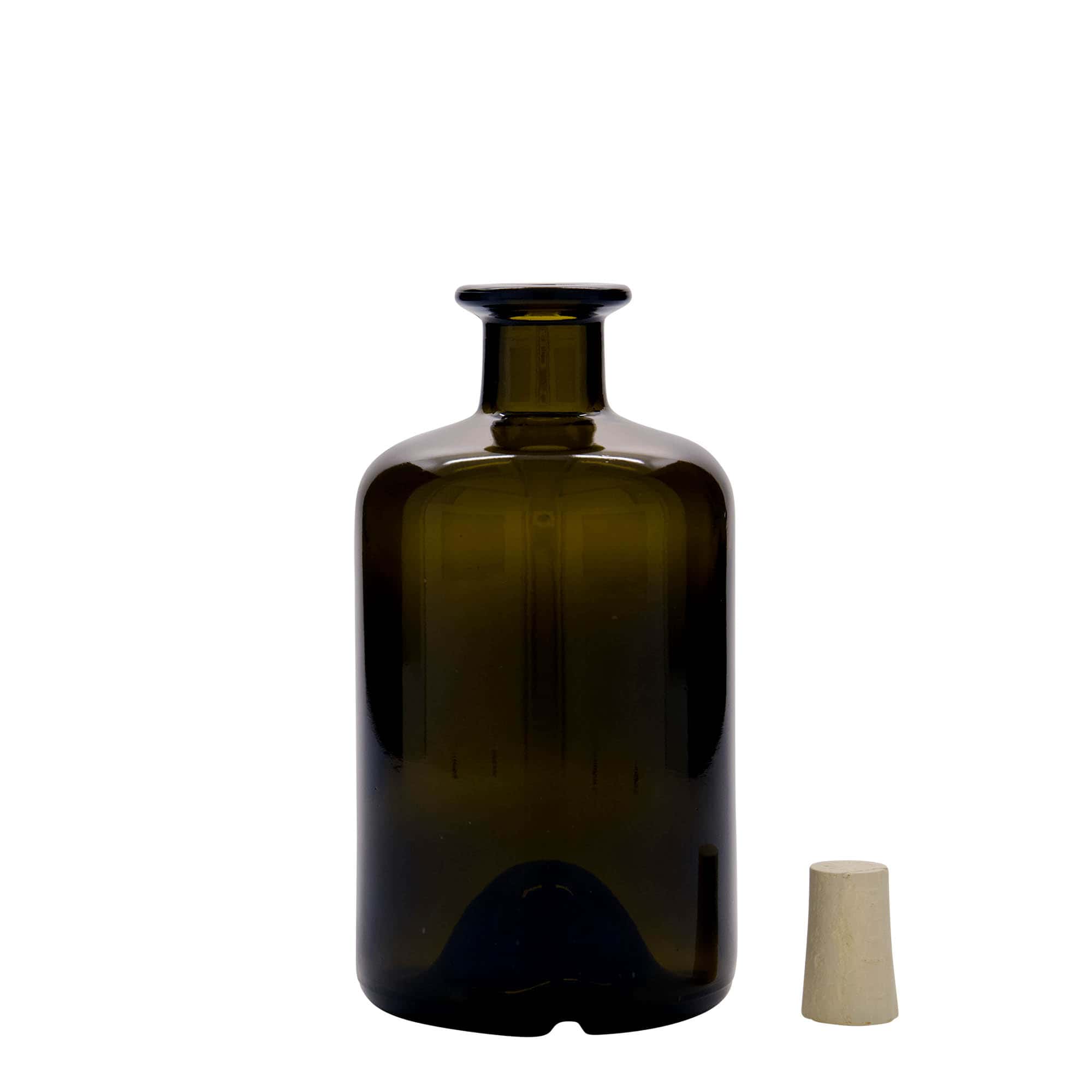 500 ml staklena flaša apotekarska, antikno zelena, grlo: čep