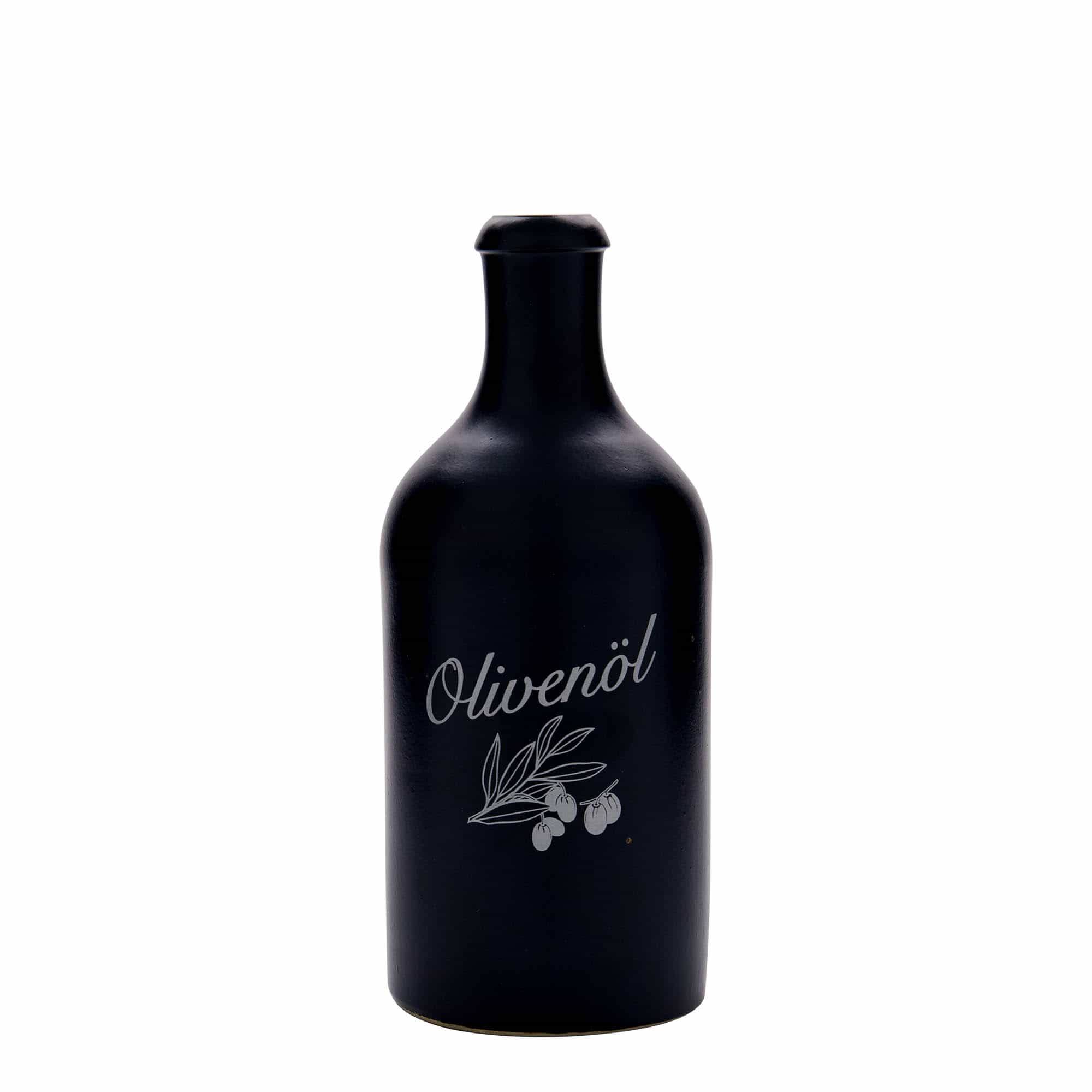 Glinena boca od 500 ml, motiv: Maslinovo ulje, keramika, crna, otvor: Plutani čep Glinena boca od 500 ml, motiv: Maslinovo ulje, keramika, crna, otvor: Plutani čep