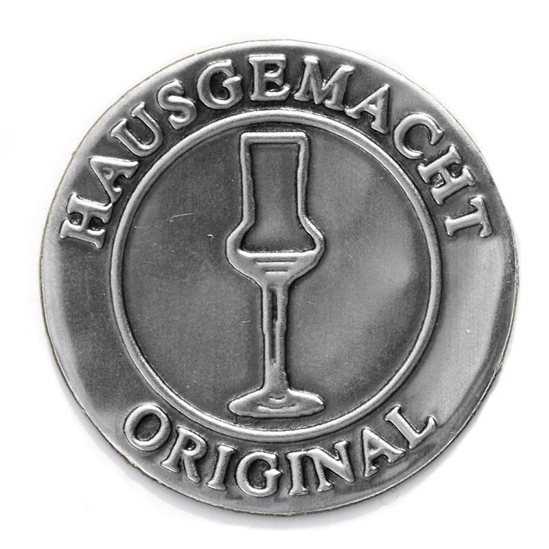 Oznaka od kalaja 'Originalno domaće', okrugla, metalna, srebrna