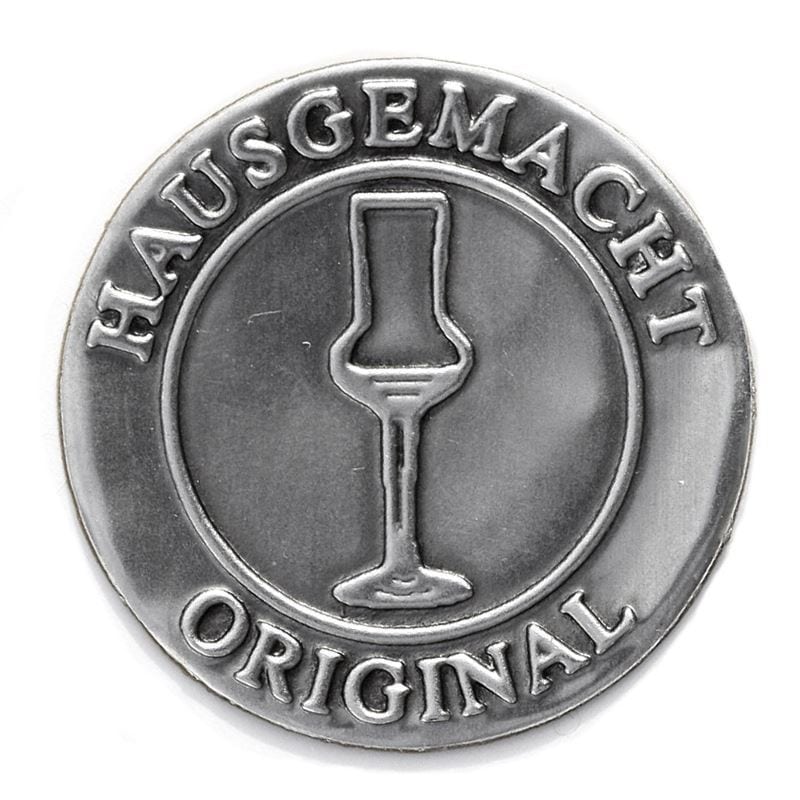 Oznaka od kalaja 'Originalno domaće', okrugla, metalna, srebrna