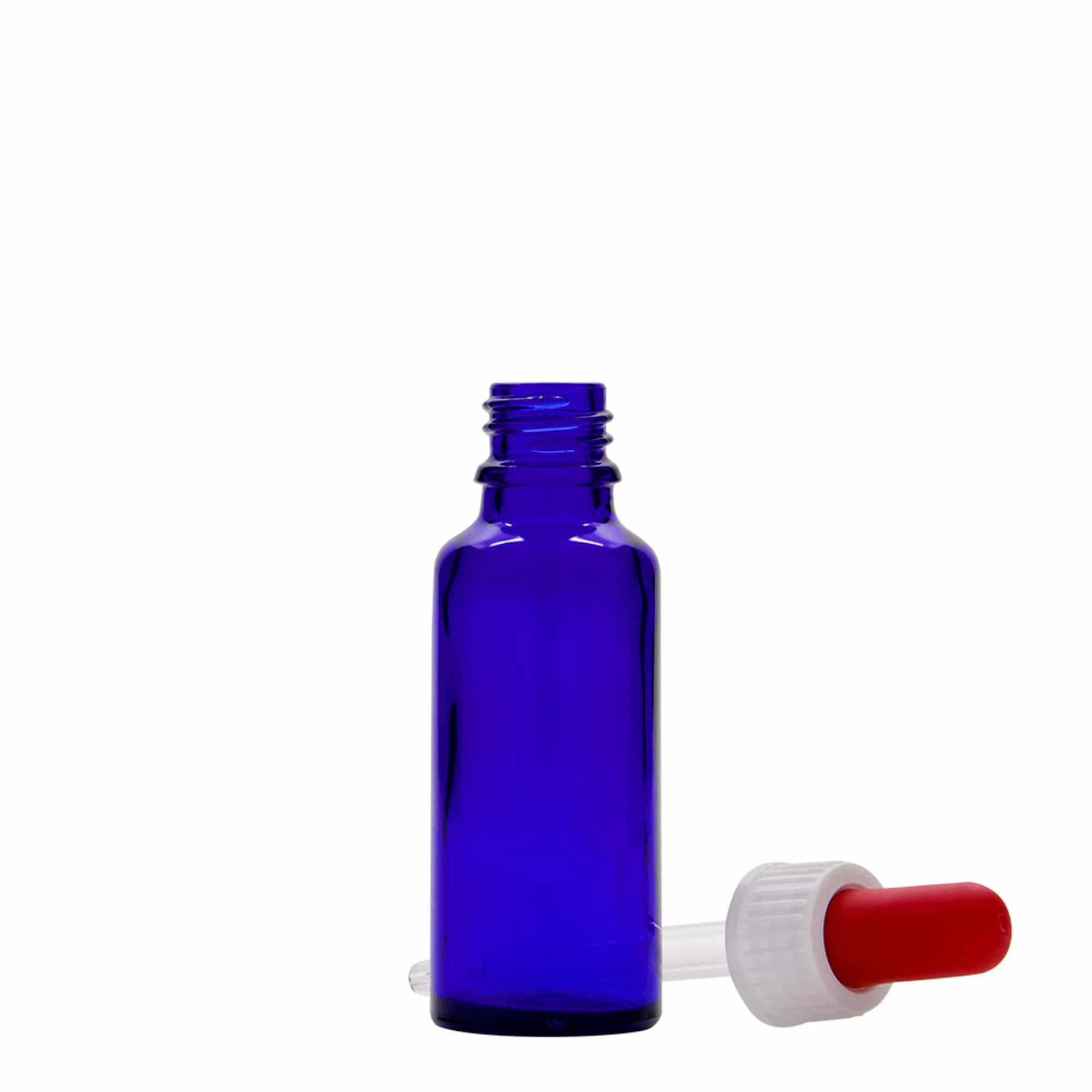 30 ml bočica sa pipetom za medicinu, staklena, kraljevsko plava-crvena, otvor: DIN 18