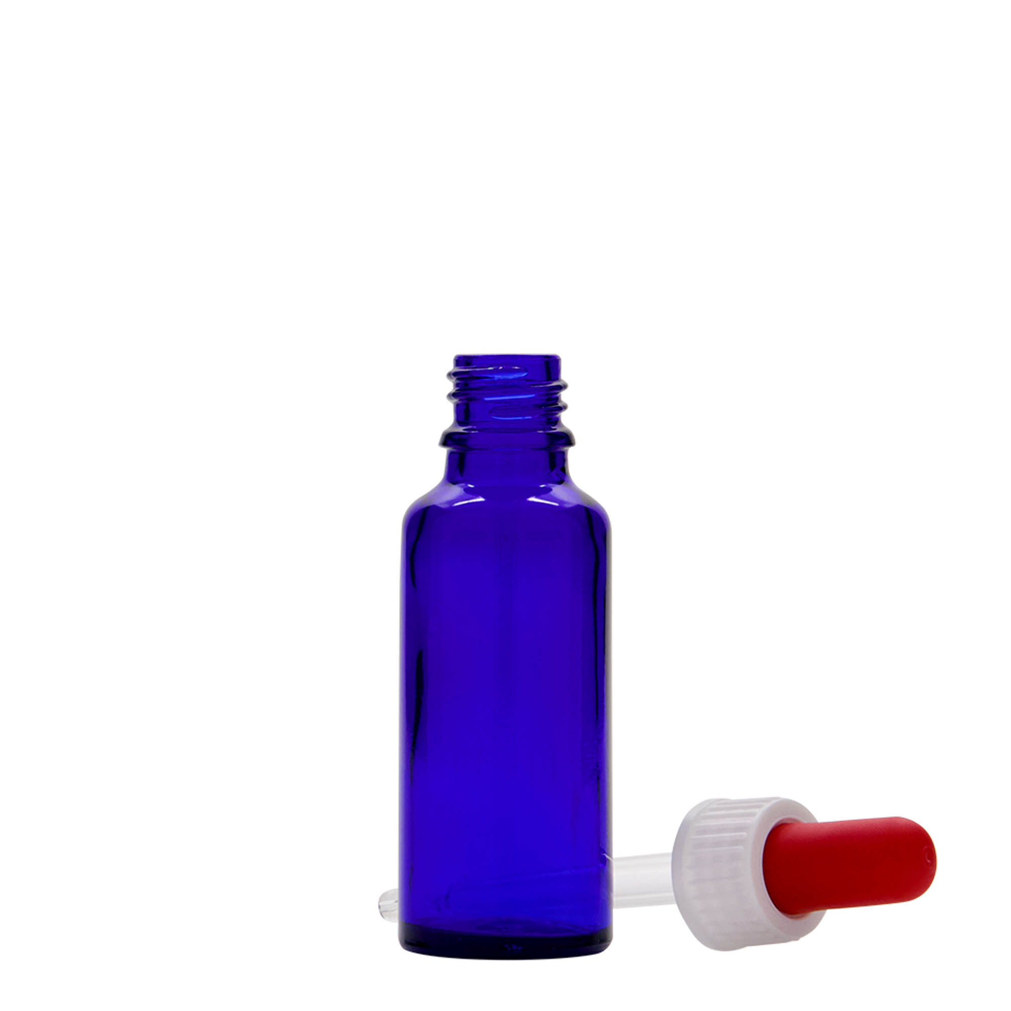 30 ml bočica sa pipetom za medicinu, staklena, kraljevsko plava-crvena, otvor: DIN 18